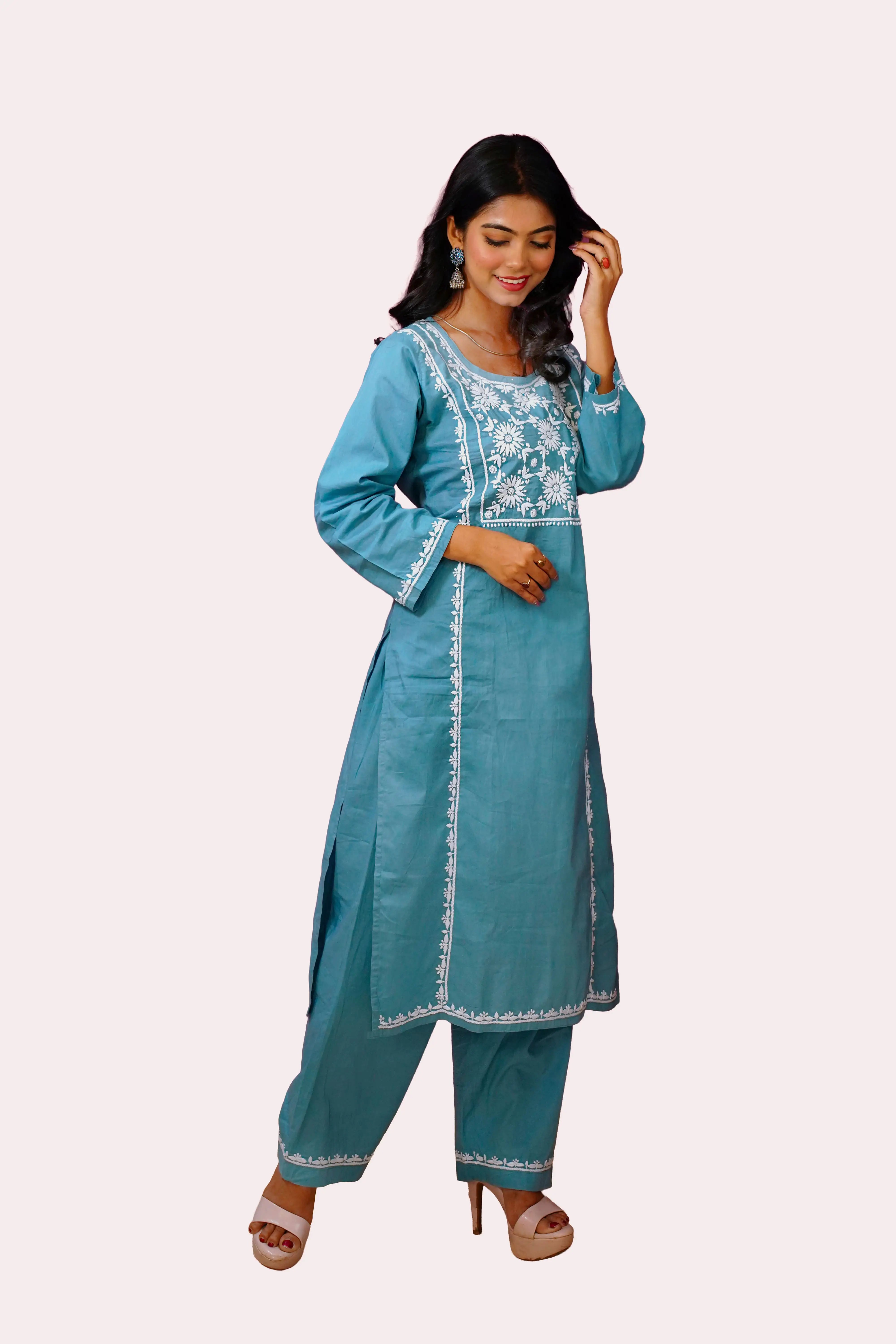 Dusty Teal Pure Cotton Hand-Embroidered Chikankari Set