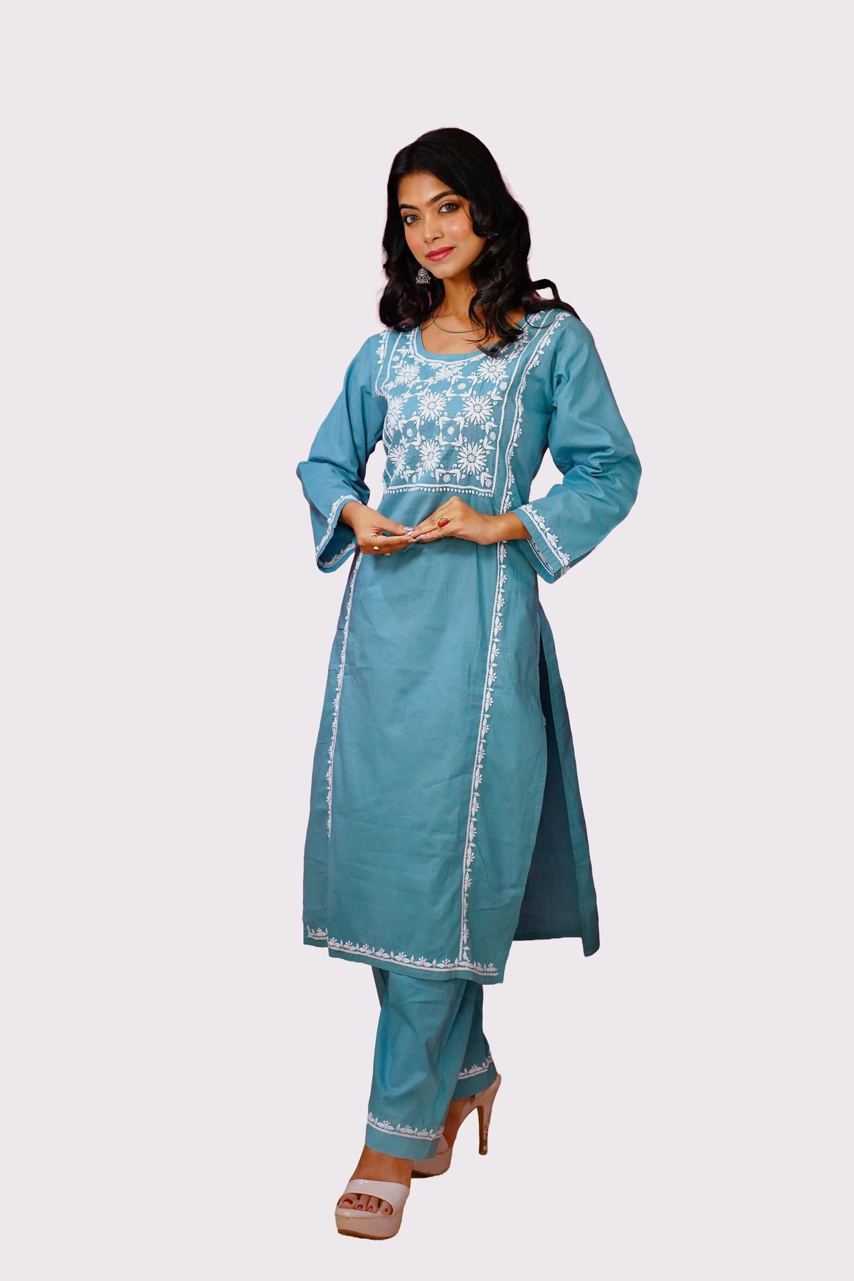 Dusty Teal Pure Cotton Hand-Embroidered Chikankari Set