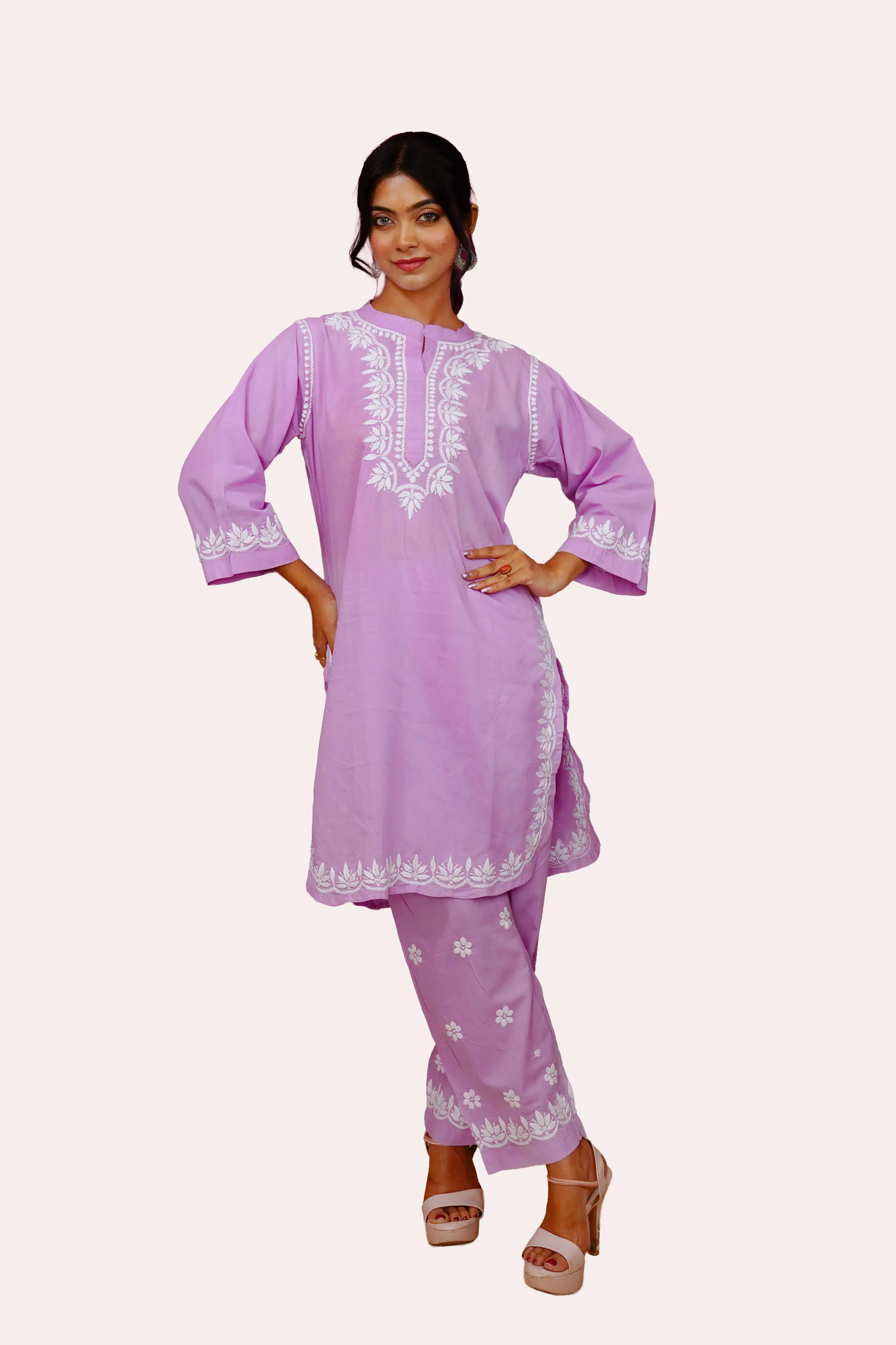 Lilac Bloom Pure Cotton Chikankari Co-ord Set
