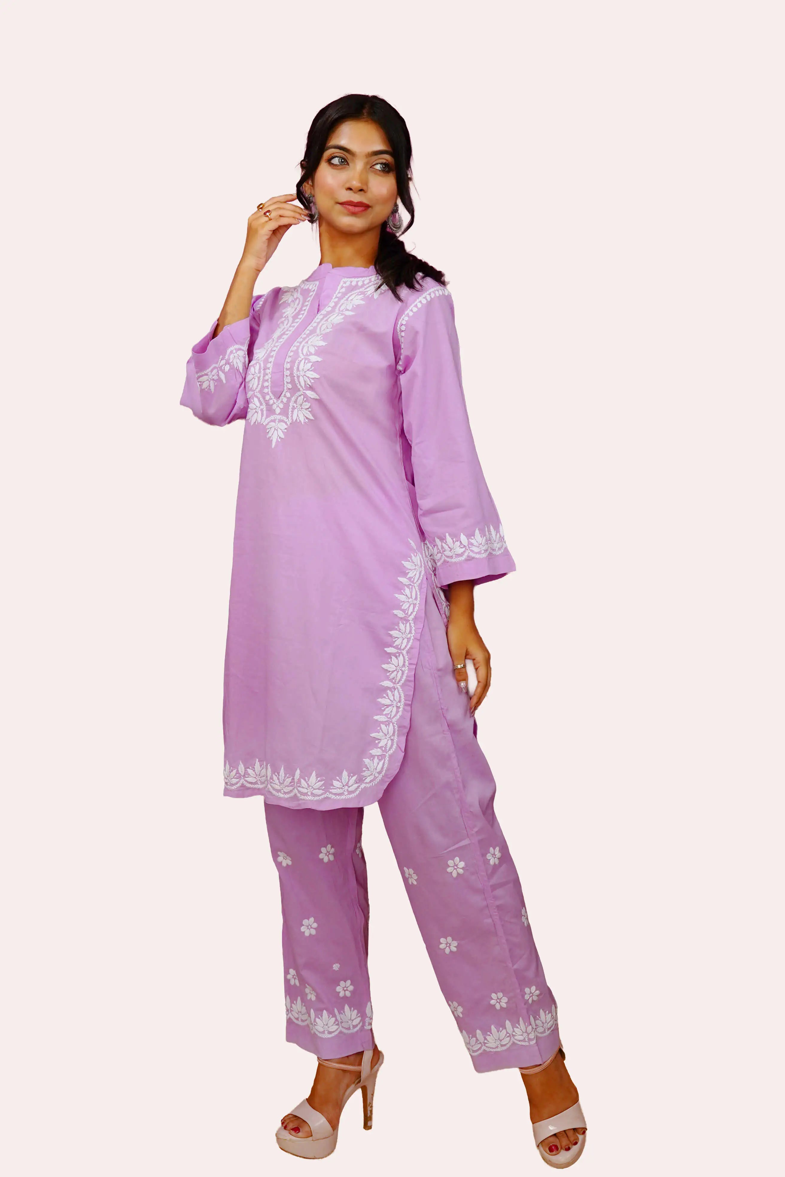 Lilac Bloom Pure Cotton Chikankari Co-ord Set