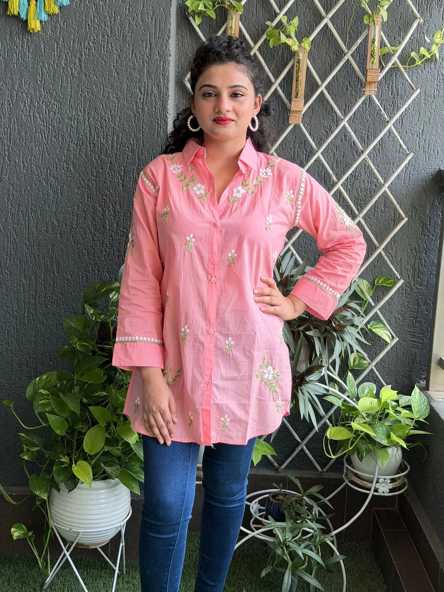 Pastel Pink Hand-Embroidered Chikankari Cotton Tunic Shirt
