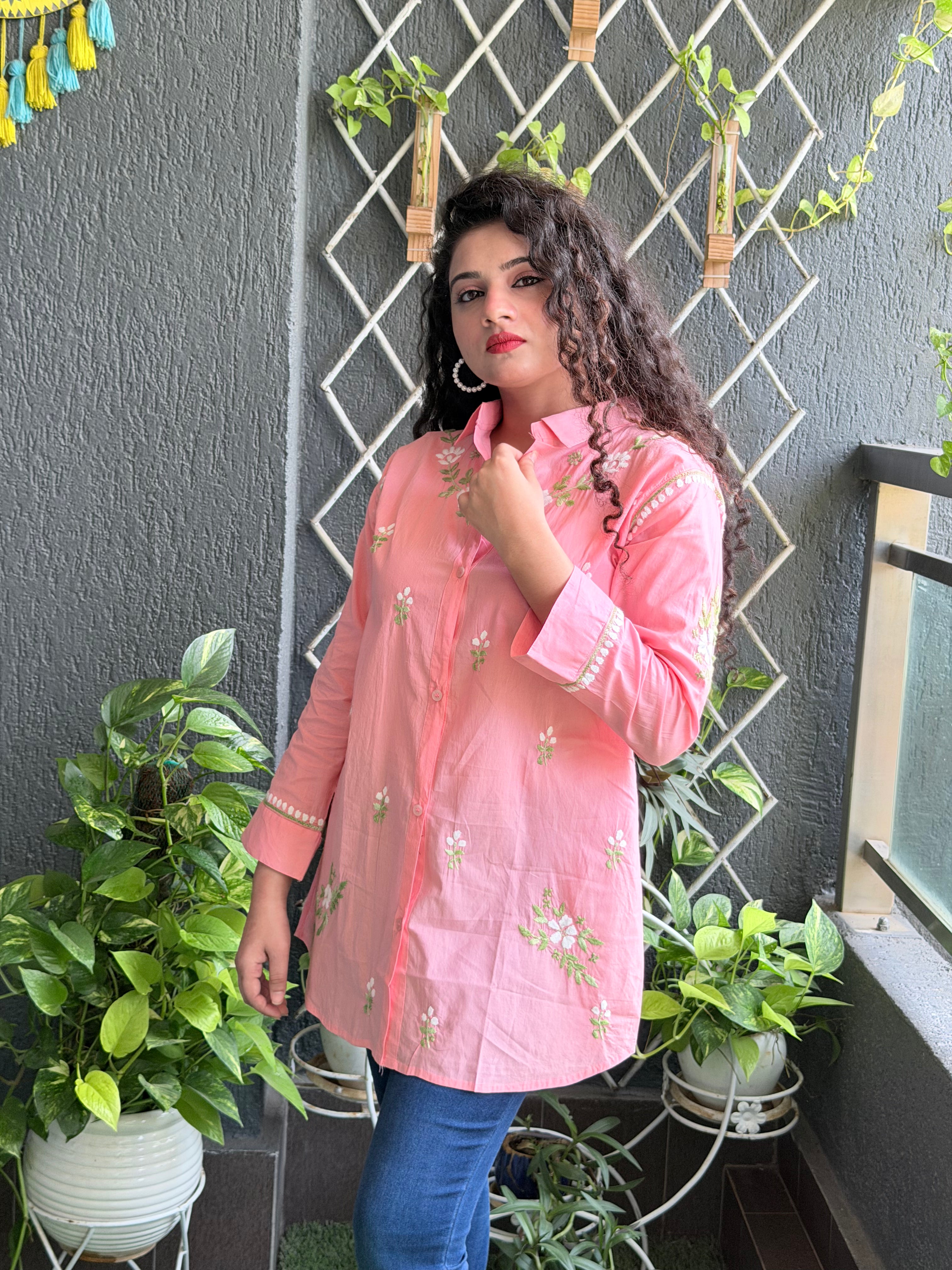 Pastel Pink Hand-Embroidered Chikankari Cotton Tunic Shirt