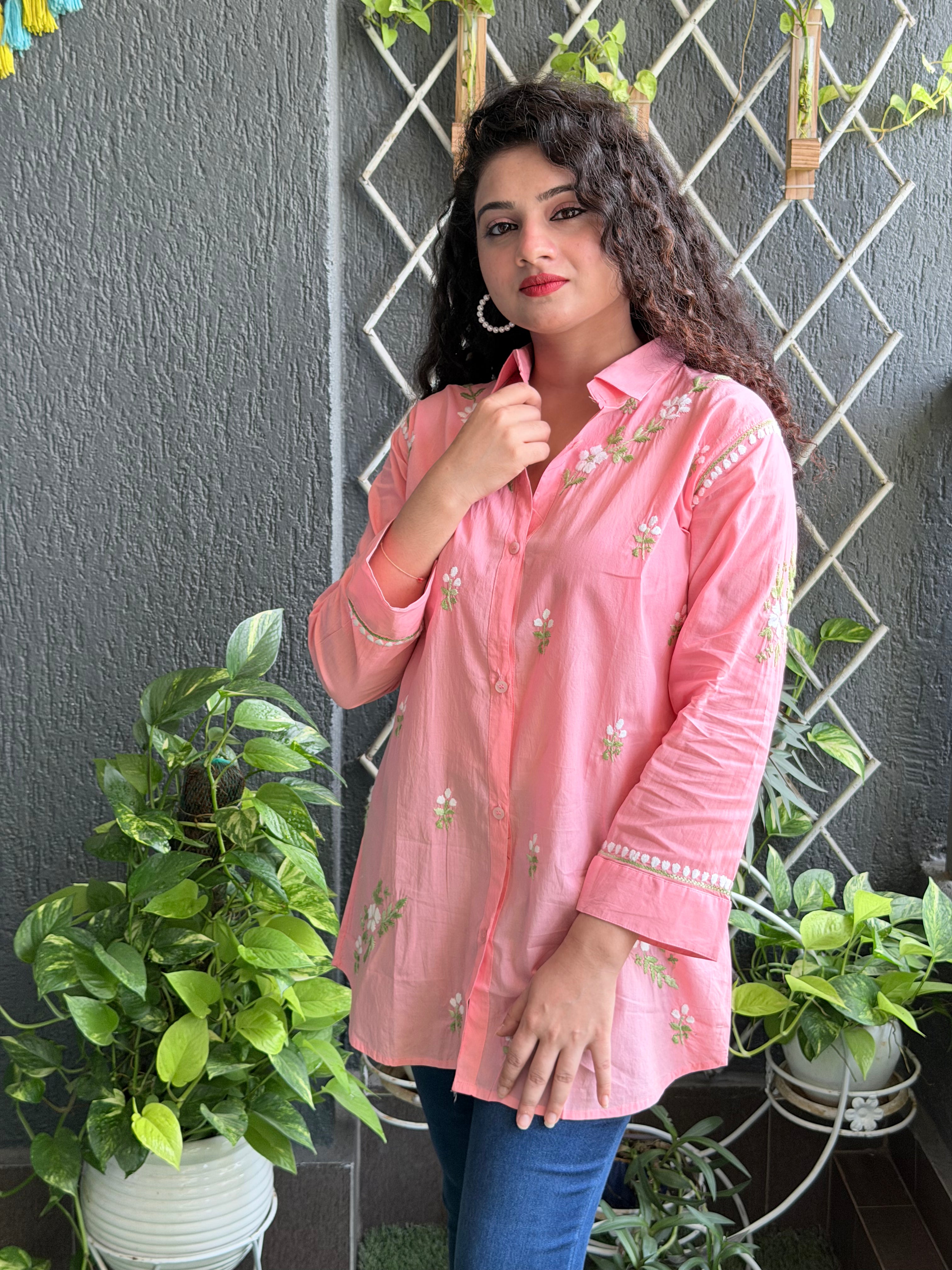 Pastel Pink Hand-Embroidered Chikankari Cotton Tunic Shirt