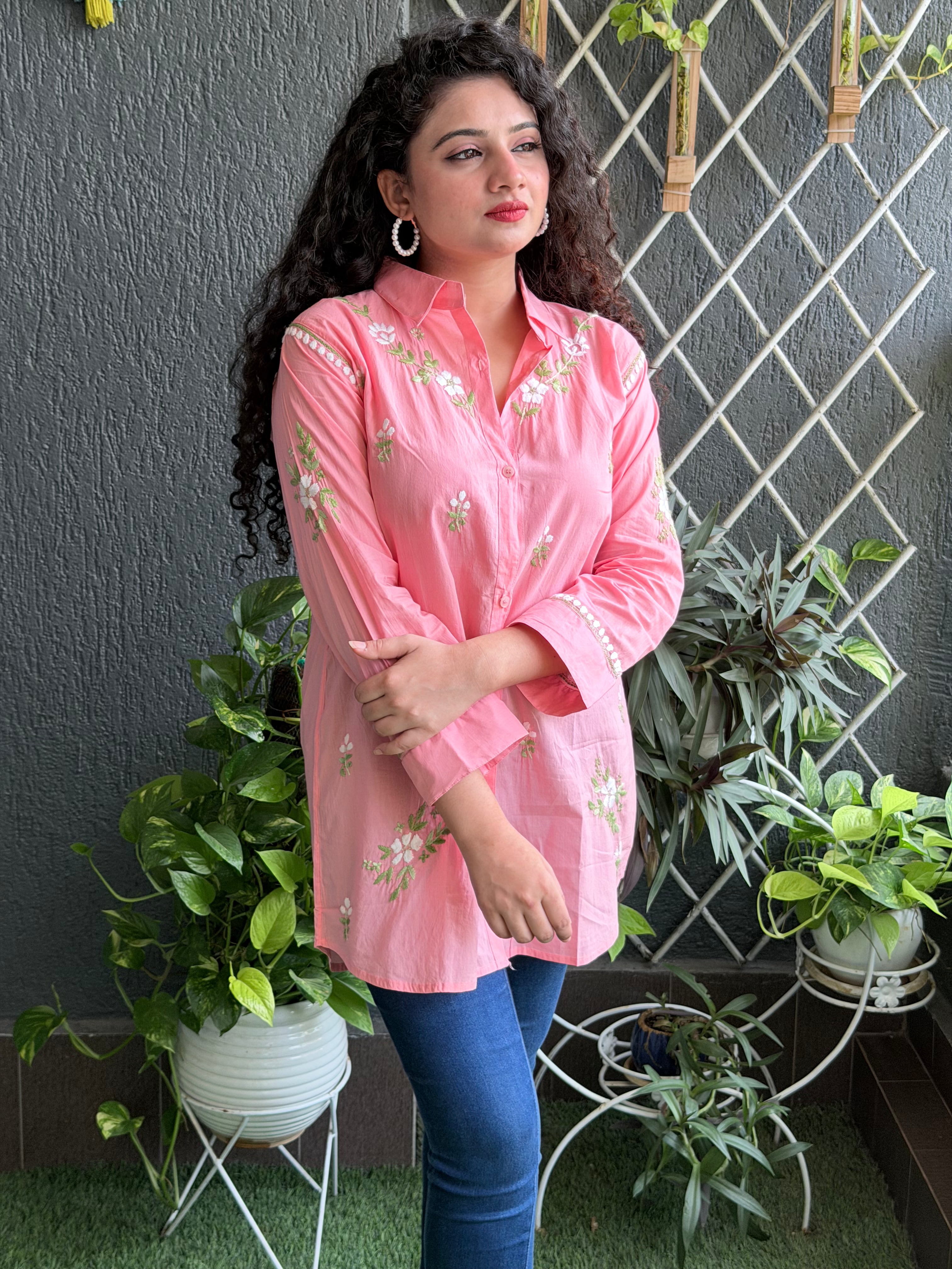 Pastel Pink Hand-Embroidered Chikankari Cotton Tunic Shirt
