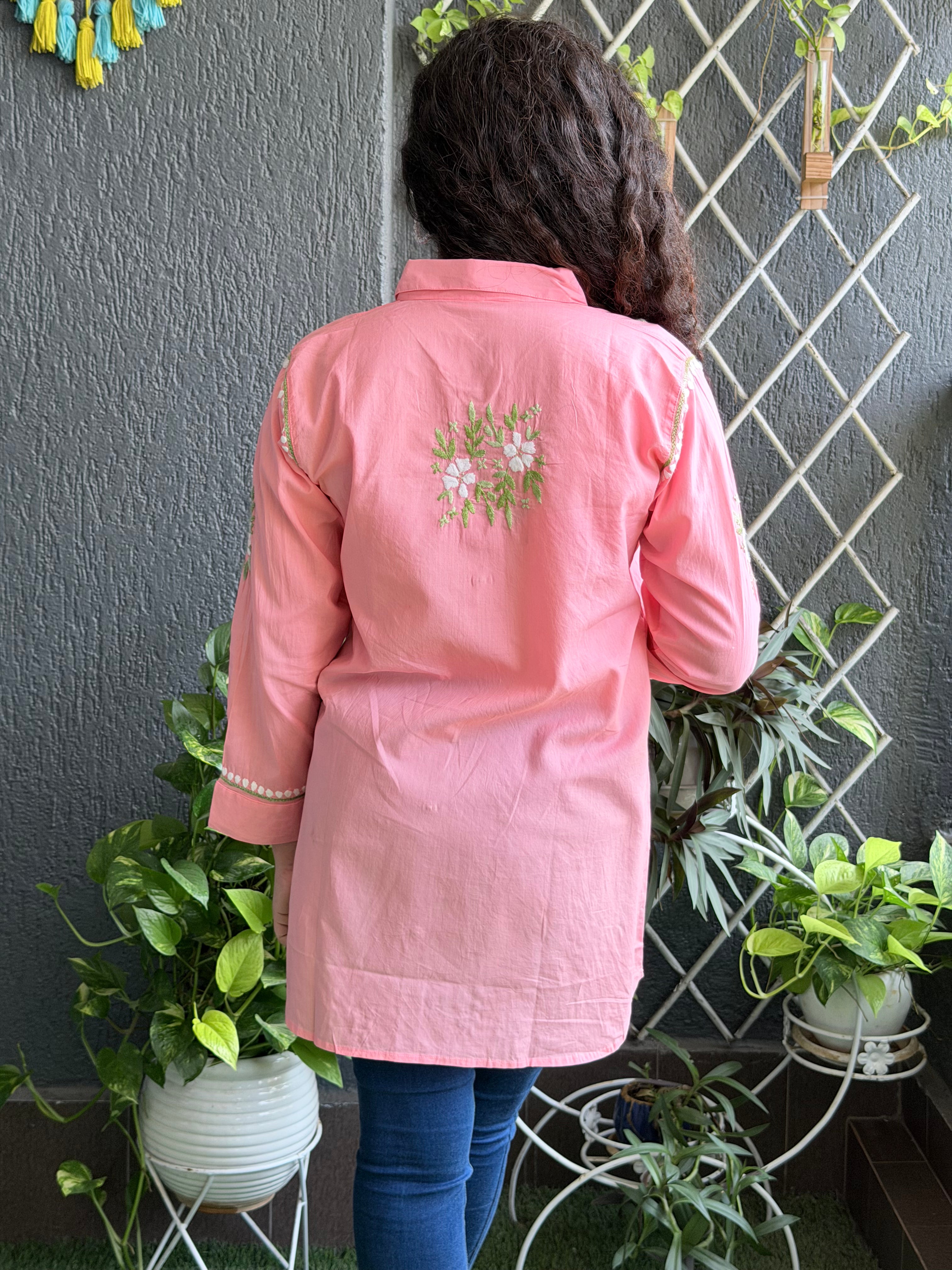 Pastel Pink Hand-Embroidered Chikankari Cotton Tunic Shirt