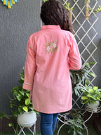 Cotton Hand-Embroidered Chikankari Solid Women's Tunic Shirt - Pastel Pink