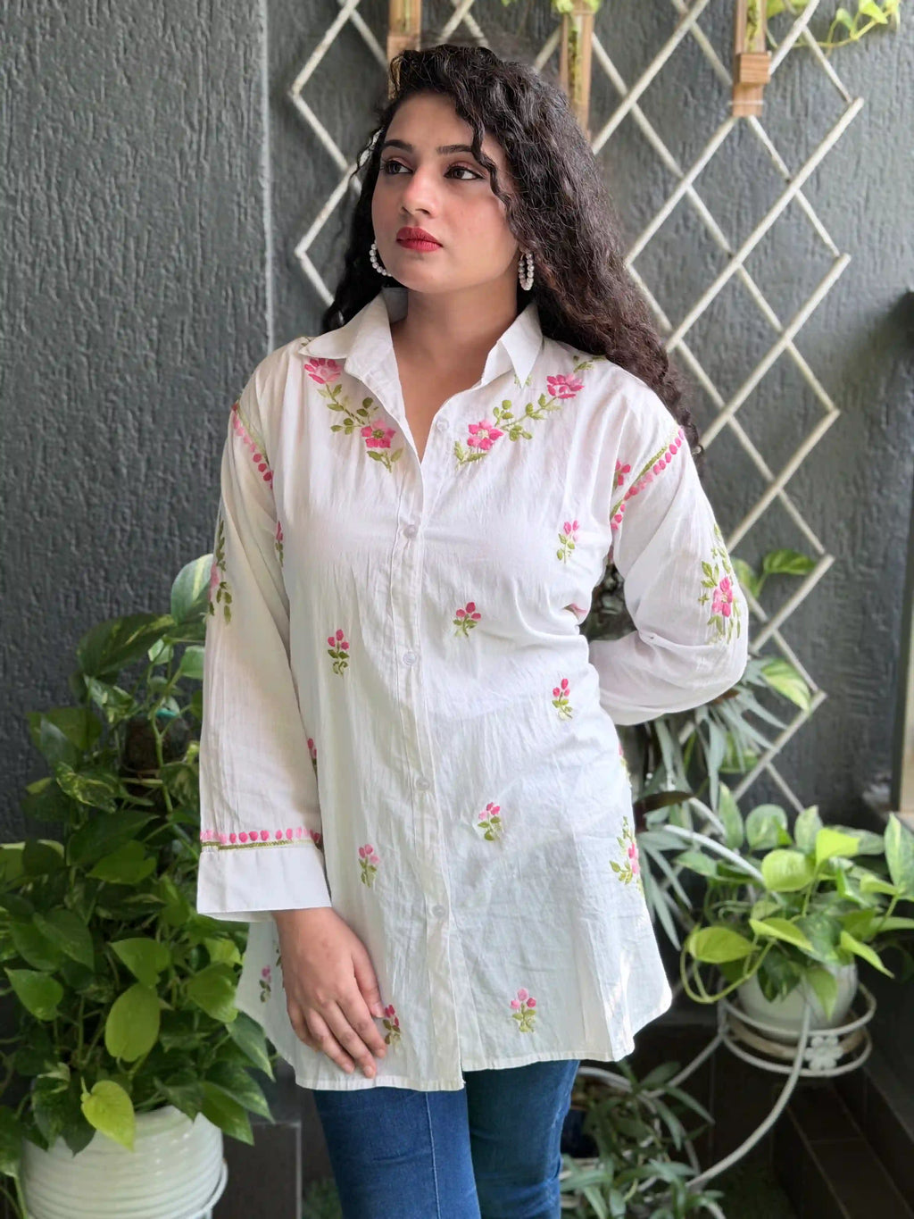 Cotton Chikankari Solid Women's Shirt Tunic with Pink Florals - Classic White