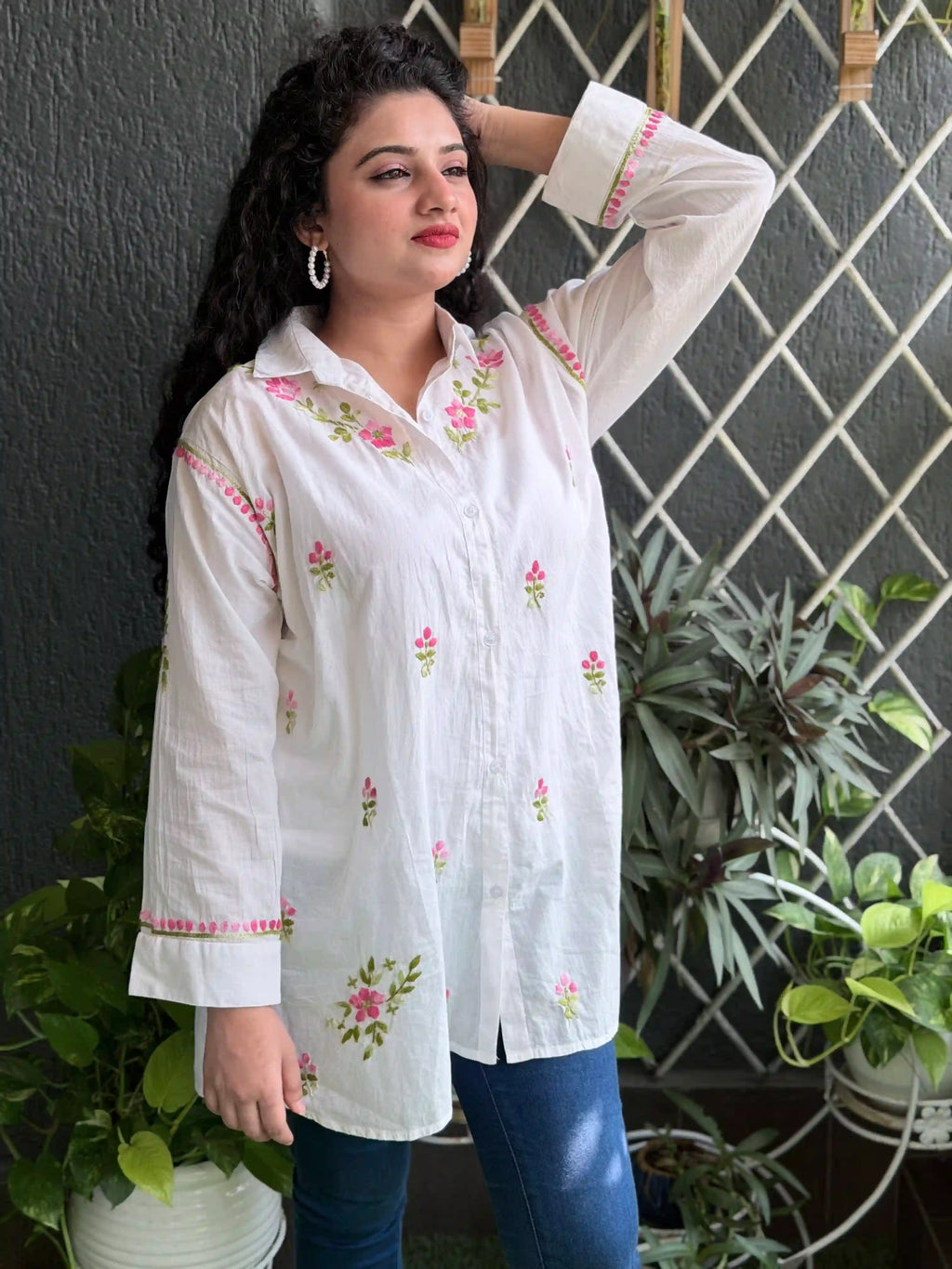 Cotton Chikankari Solid Women's Shirt Tunic with Pink Florals - Classic White