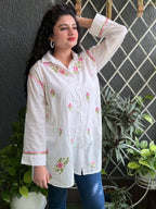 Cotton Chikankari Solid Women's Shirt Tunic with Pink Florals - Classic White
