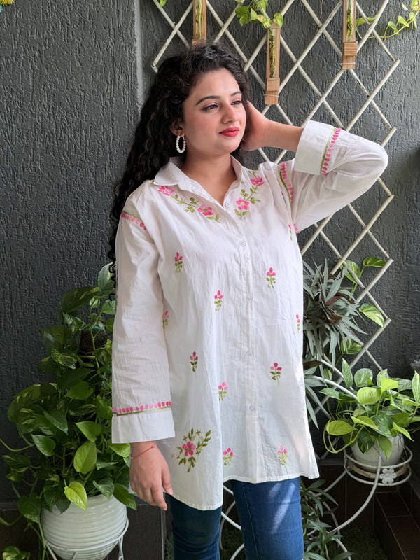 Classic White Cotton Chikankari Shirt Tunic with Pink Florals