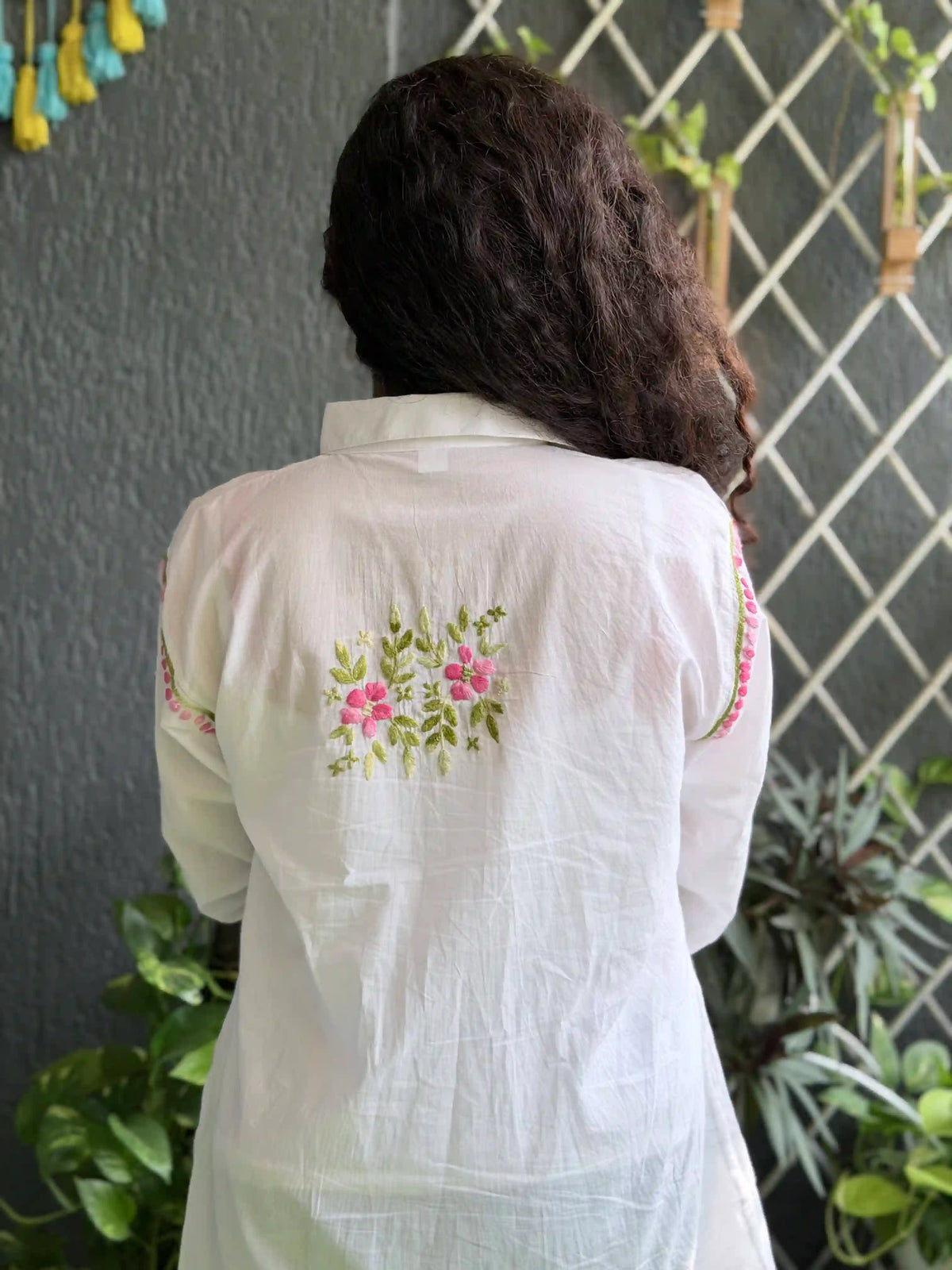 Cotton Chikankari Solid Women's Shirt Tunic with Pink Florals - Classic White