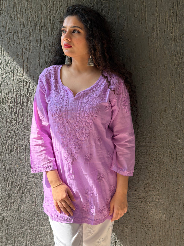 Lavender Short Mulmul Kurta with Hand Chikankari Embroidery