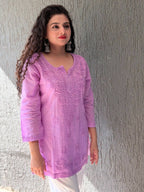 Mulmul Chikankari Solid Women's Short Kurta - Lavender
