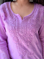 Mulmul Chikankari Solid Women's Short Kurta - Lavender