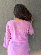 Mulmul Chikankari Solid Women's Short Kurta - Lavender