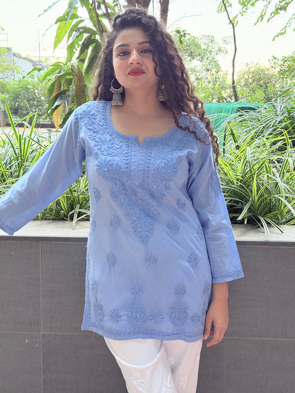 Blue Pure Mulmul Short Kurta with Hand Chikankari