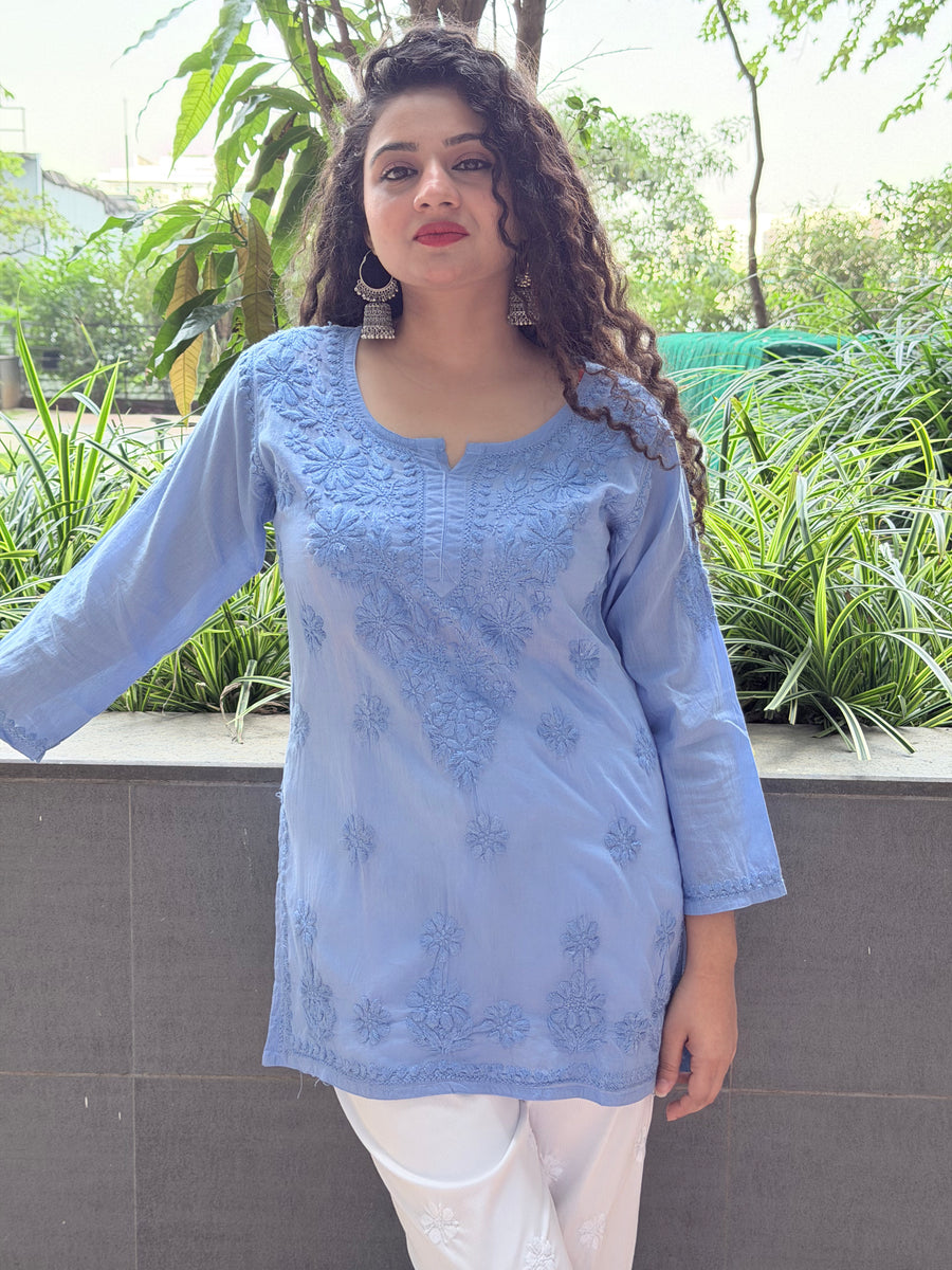 Blue Pure Mulmul Short Kurta with Hand Chikankari