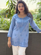 Mulmul Chikankari Solid Women's Short Kurta - Blue