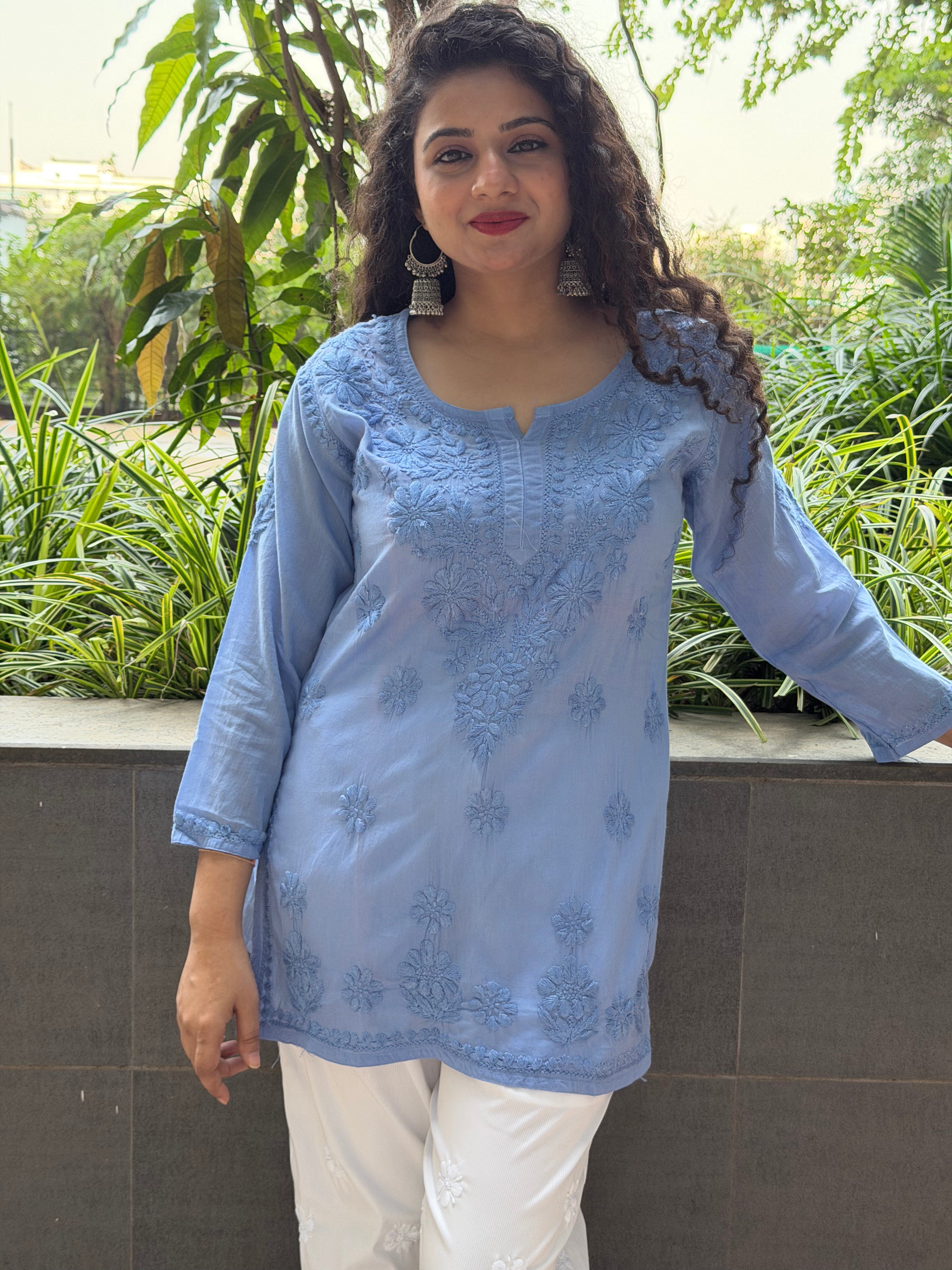 Blue Pure Mulmul Short Kurta with Hand Chikankari