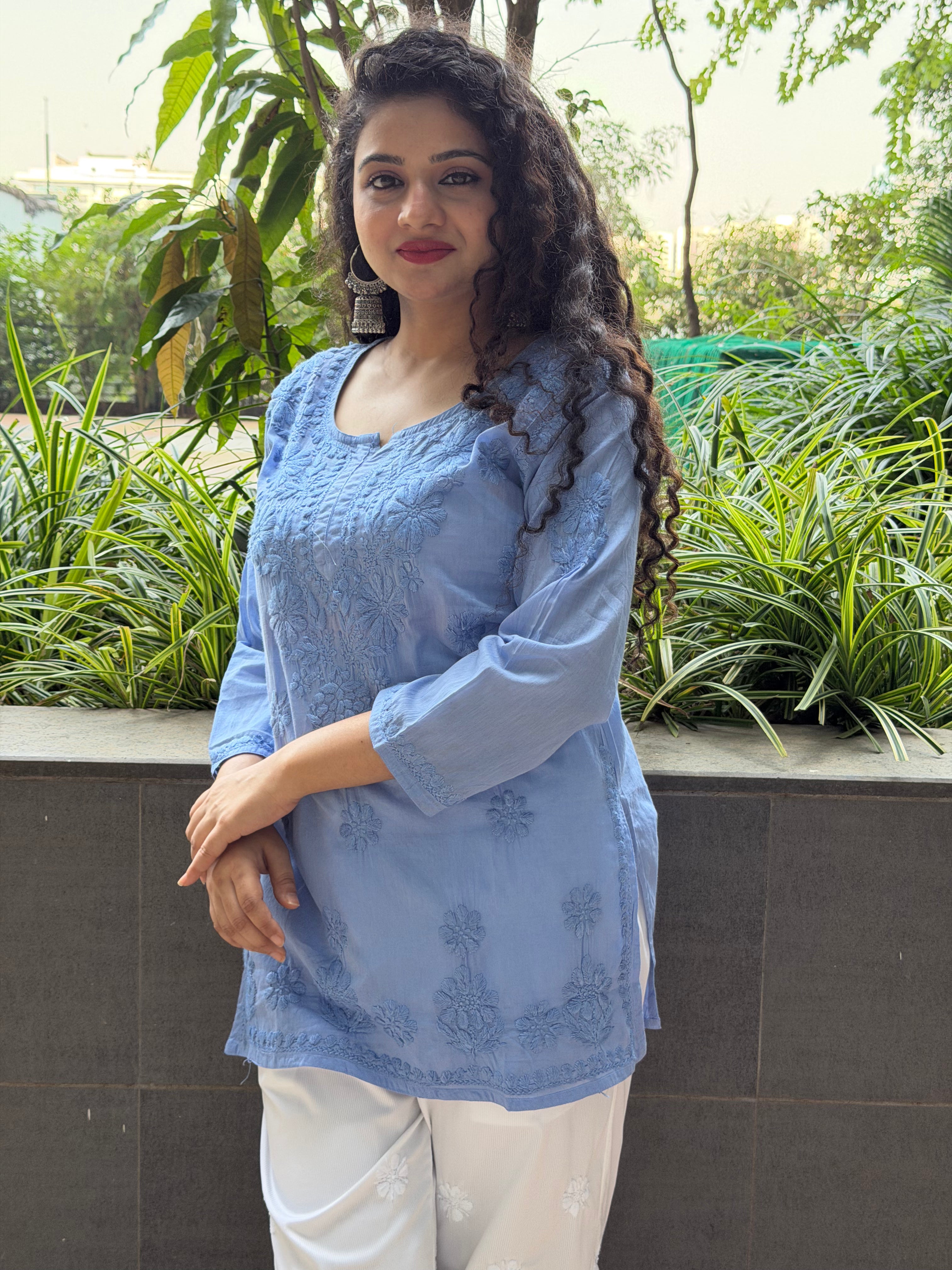 Blue Pure Mulmul Short Kurta with Hand Chikankari