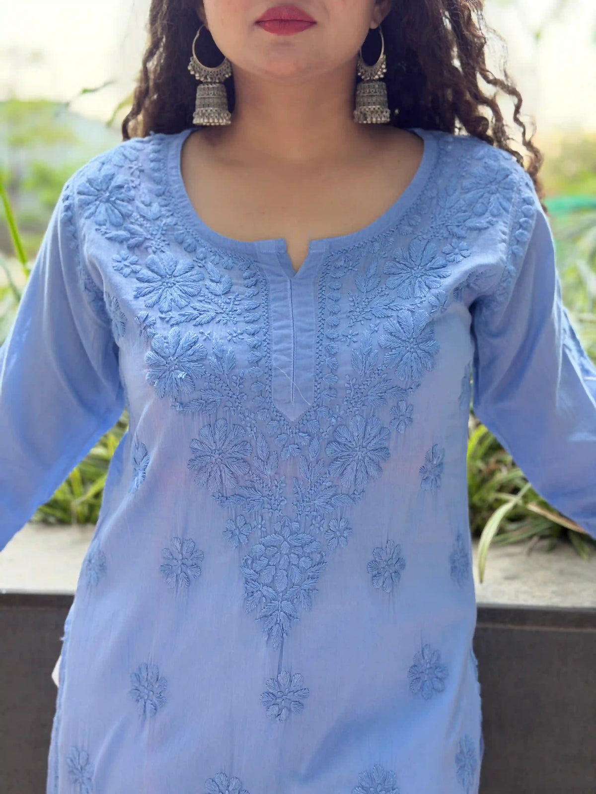 Mulmul Chikankari Solid Women's Short Kurta - Blue