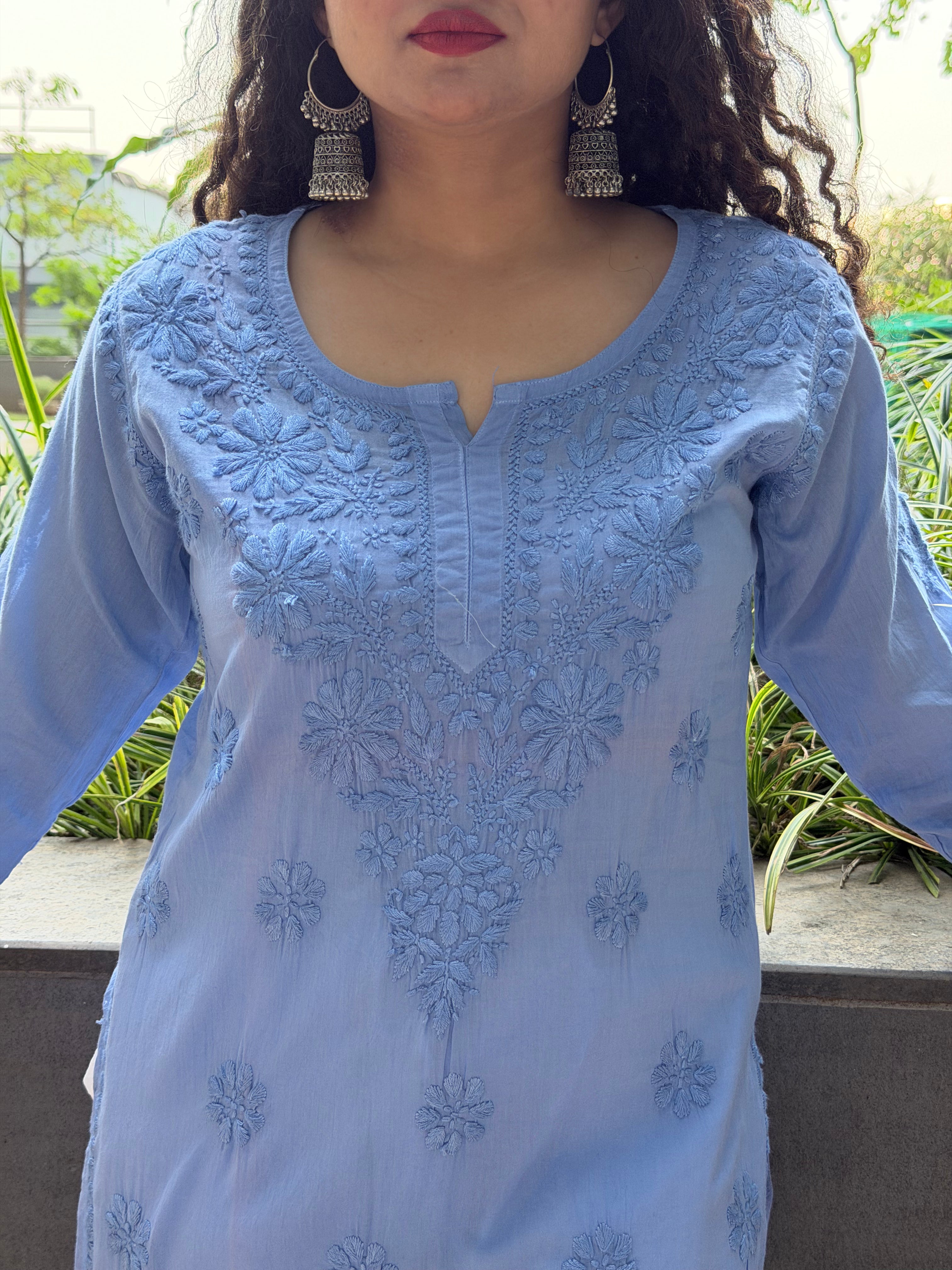 Blue Pure Mulmul Short Kurta with Hand Chikankari