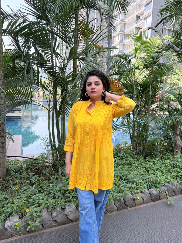 Bright Mustard Yellow Mul Cotton Chikankari Shirt Kurti