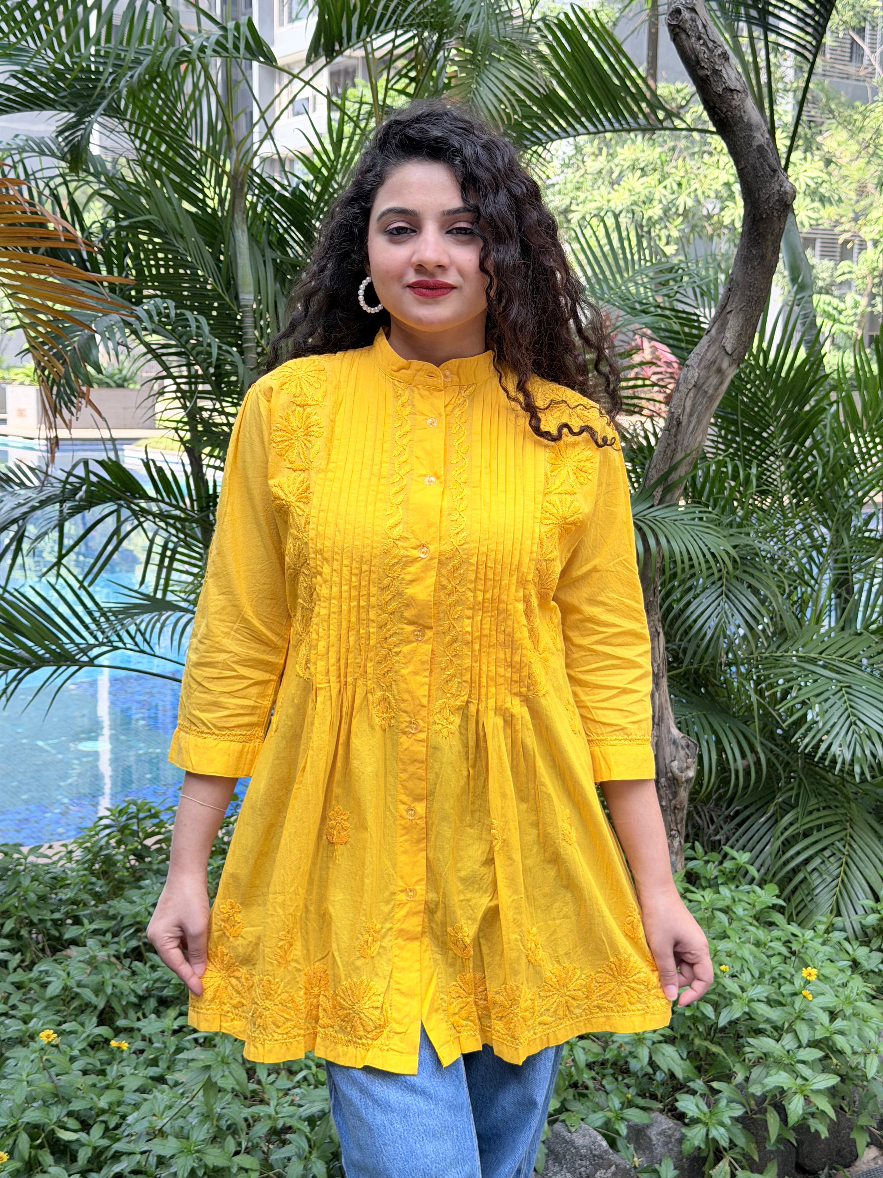 Bright Mustard Yellow Mul Cotton Chikankari Shirt Kurti