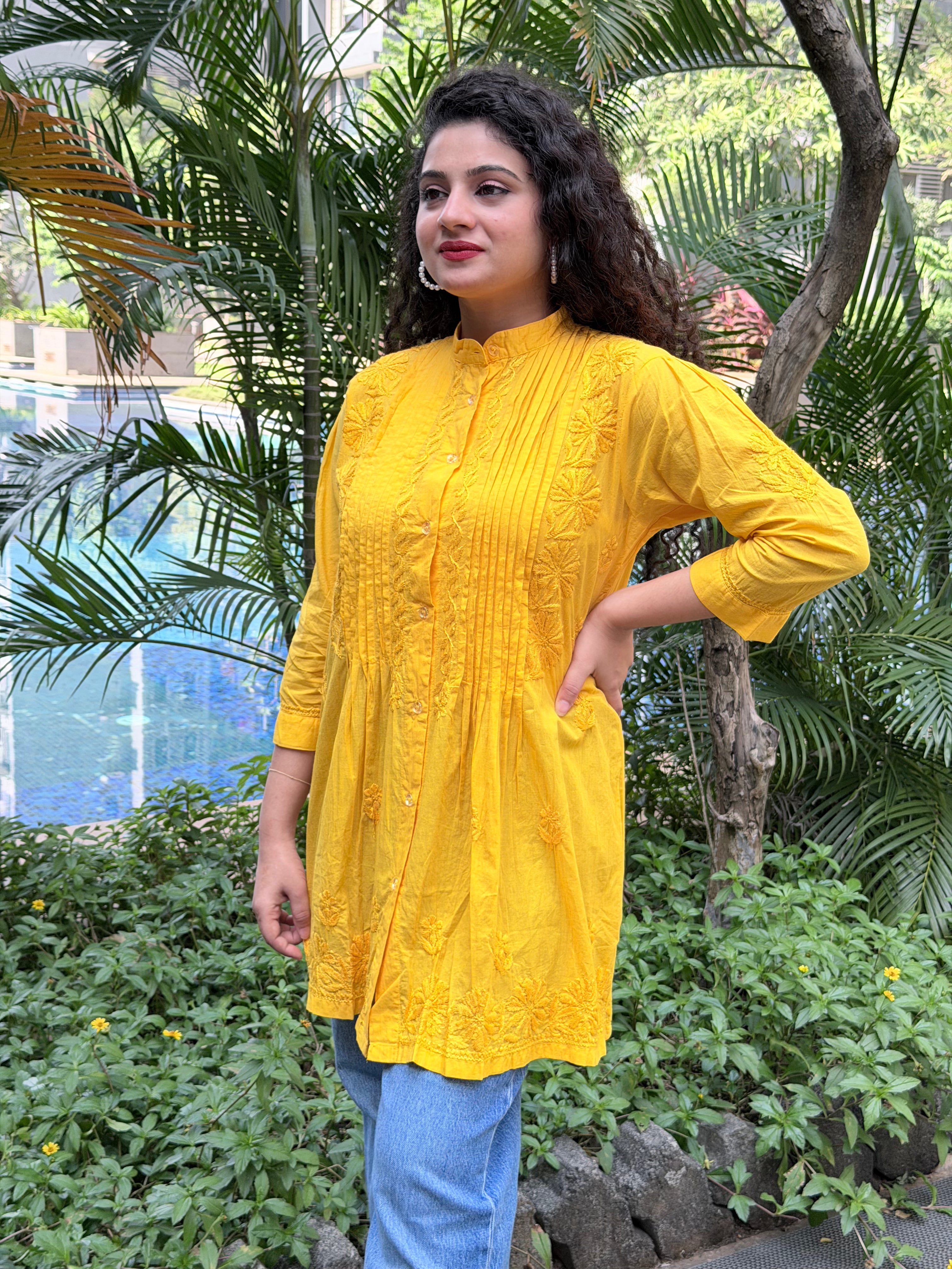 Bright Mustard Yellow Mul Cotton Chikankari Shirt Kurti
