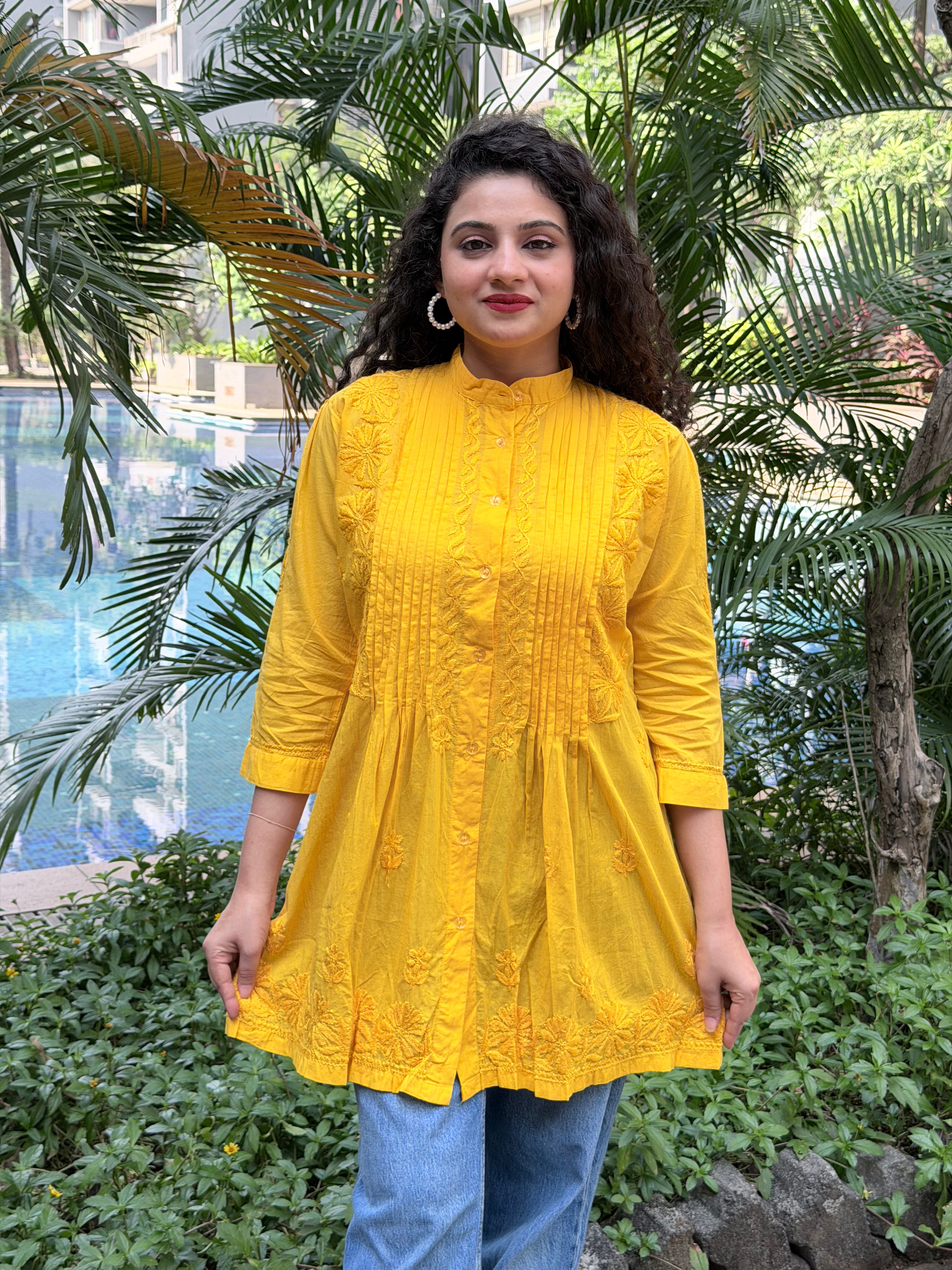 Bright Mustard Yellow Mul Cotton Chikankari Shirt Kurti