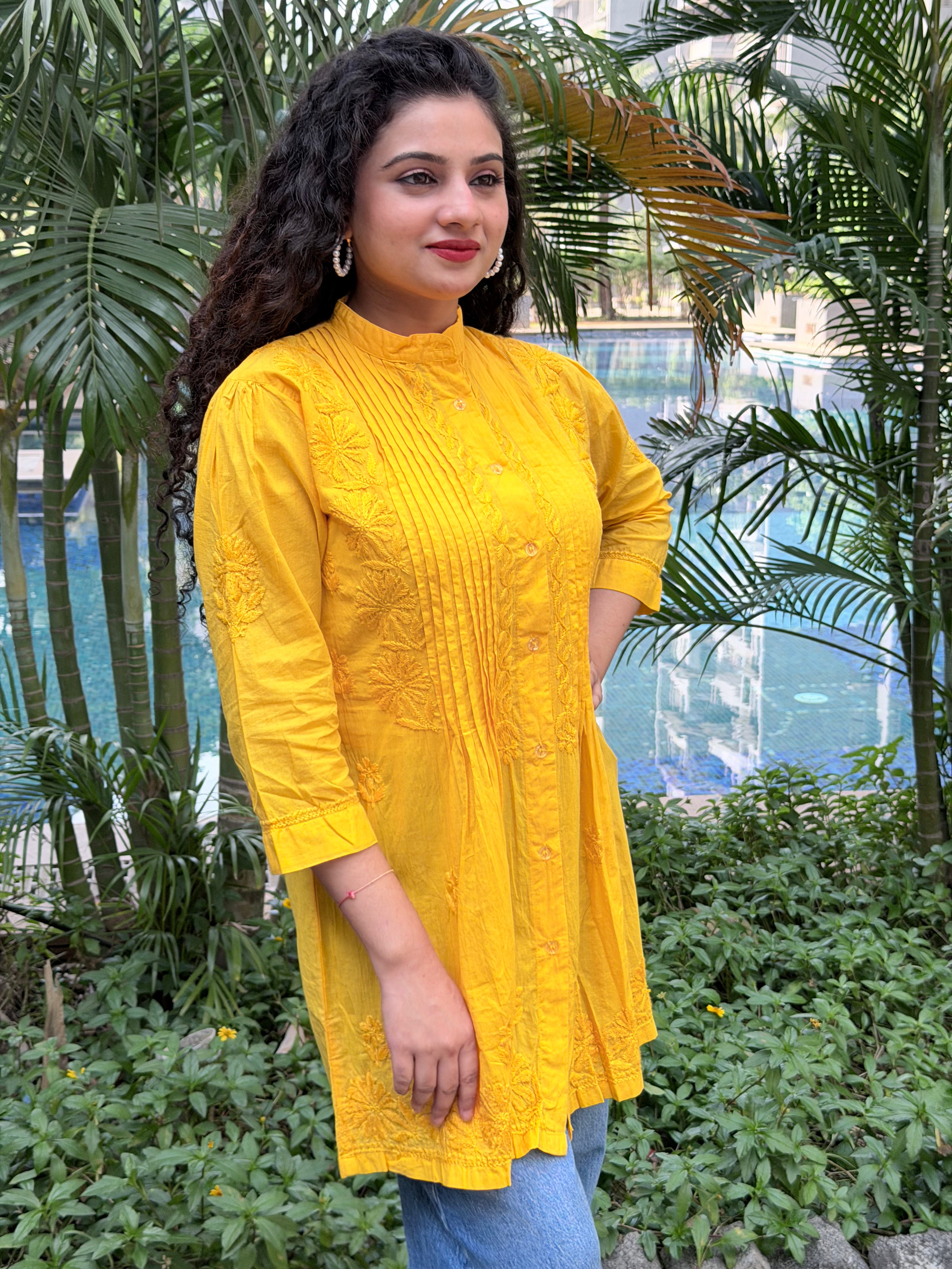 Bright Mustard Yellow Mul Cotton Chikankari Shirt Kurti