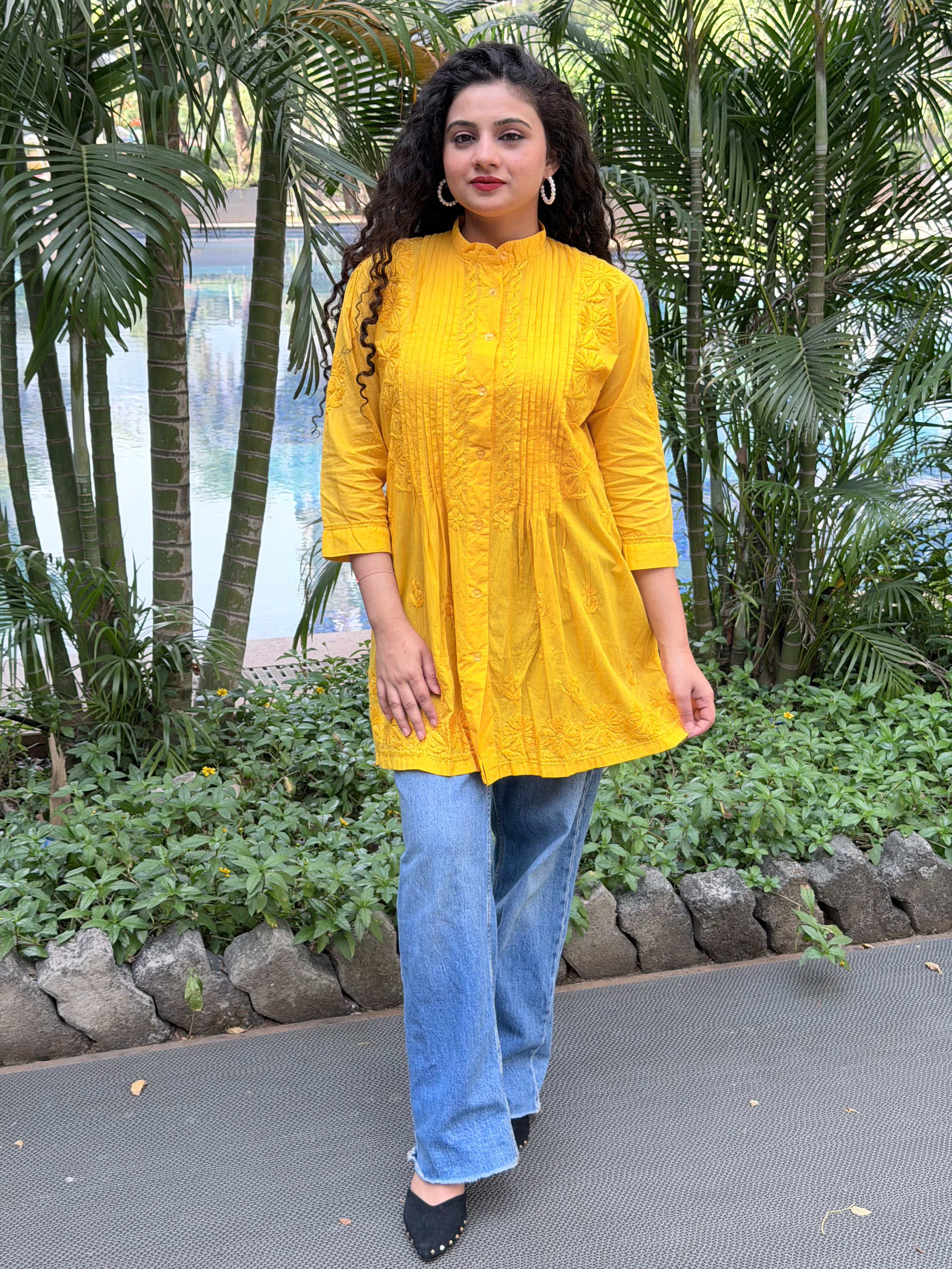 Bright Mustard Yellow Mul Cotton Chikankari Shirt Kurti