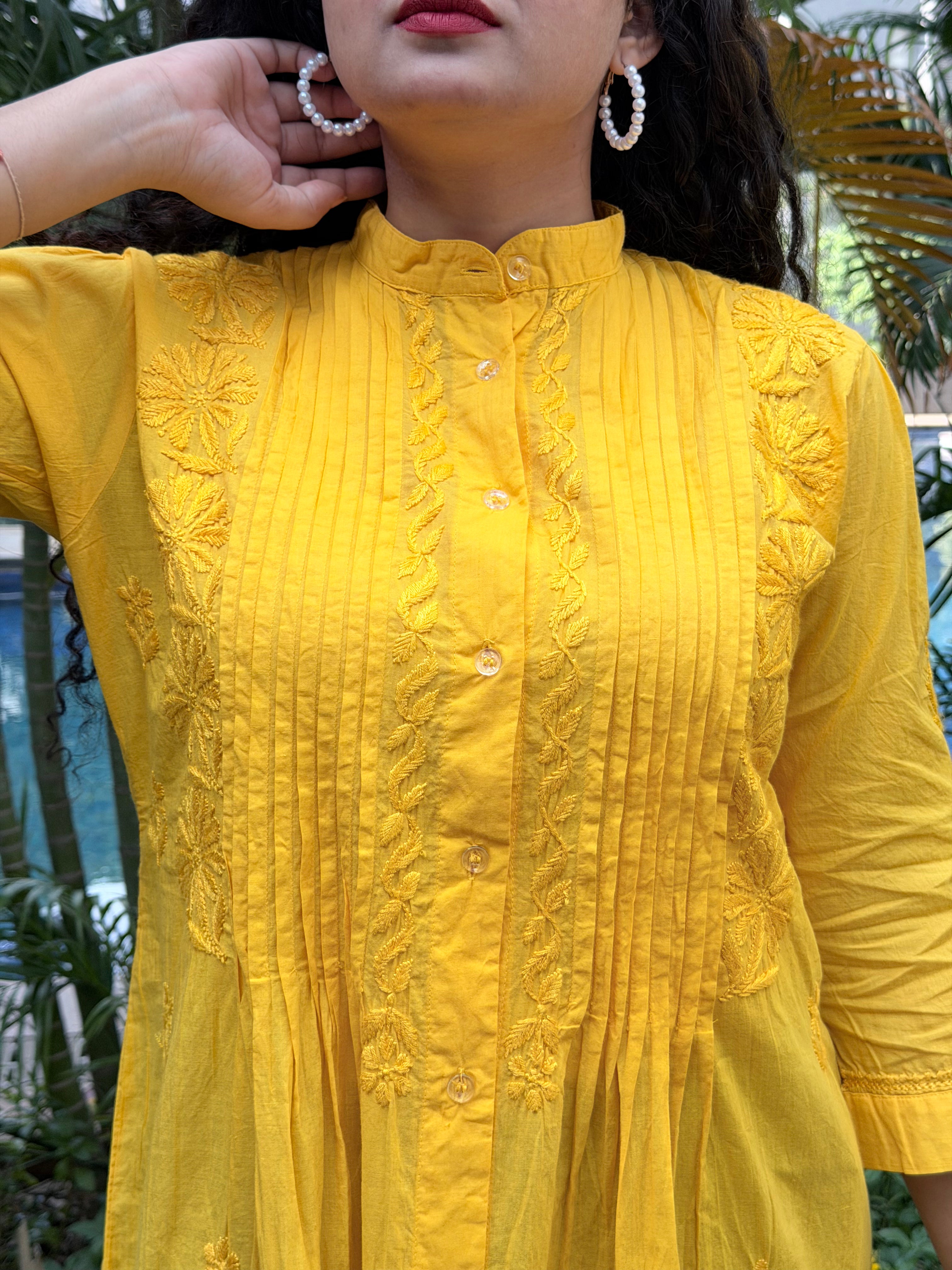 Bright Mustard Yellow Mul Cotton Chikankari Shirt Kurti