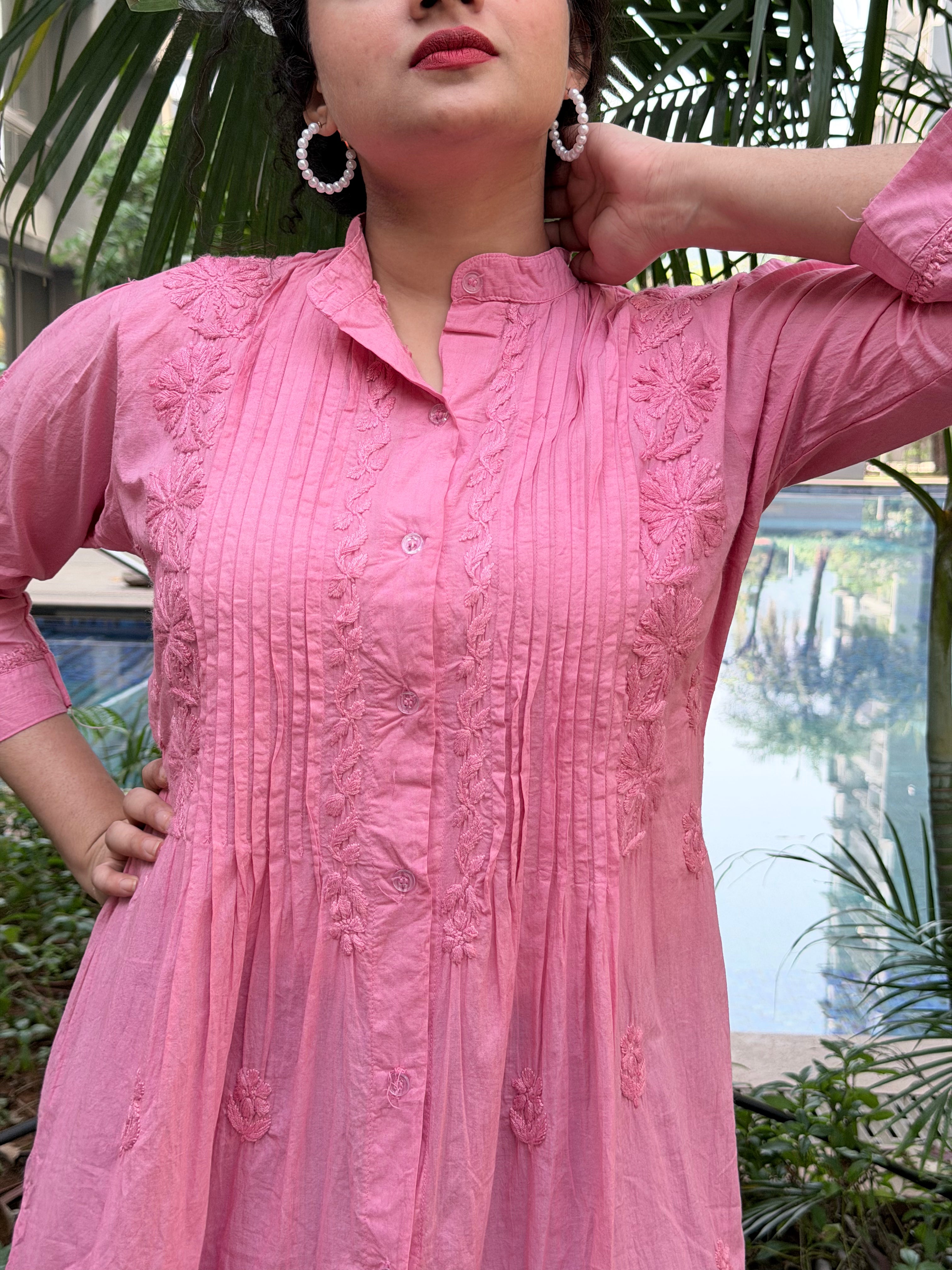 Pink Mul Cotton Chikankari Shirt Kurta