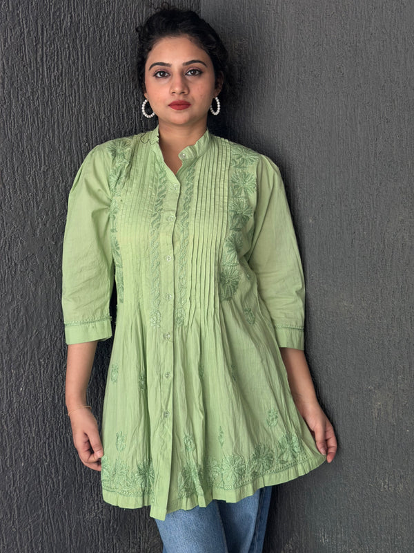 Fresh Green Mul Cotton Chikankari Shirt Kurti