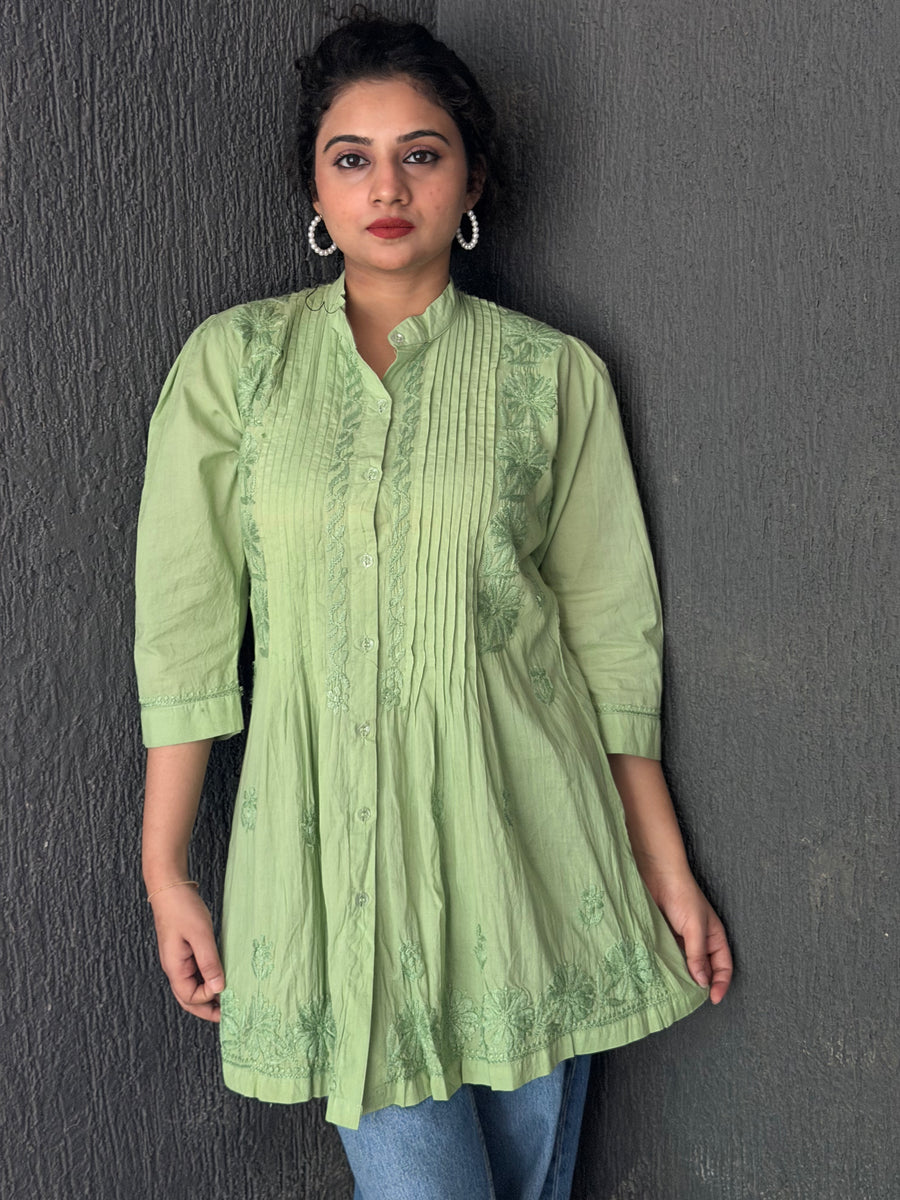 Fresh Green Mul Cotton Chikankari Shirt Kurti