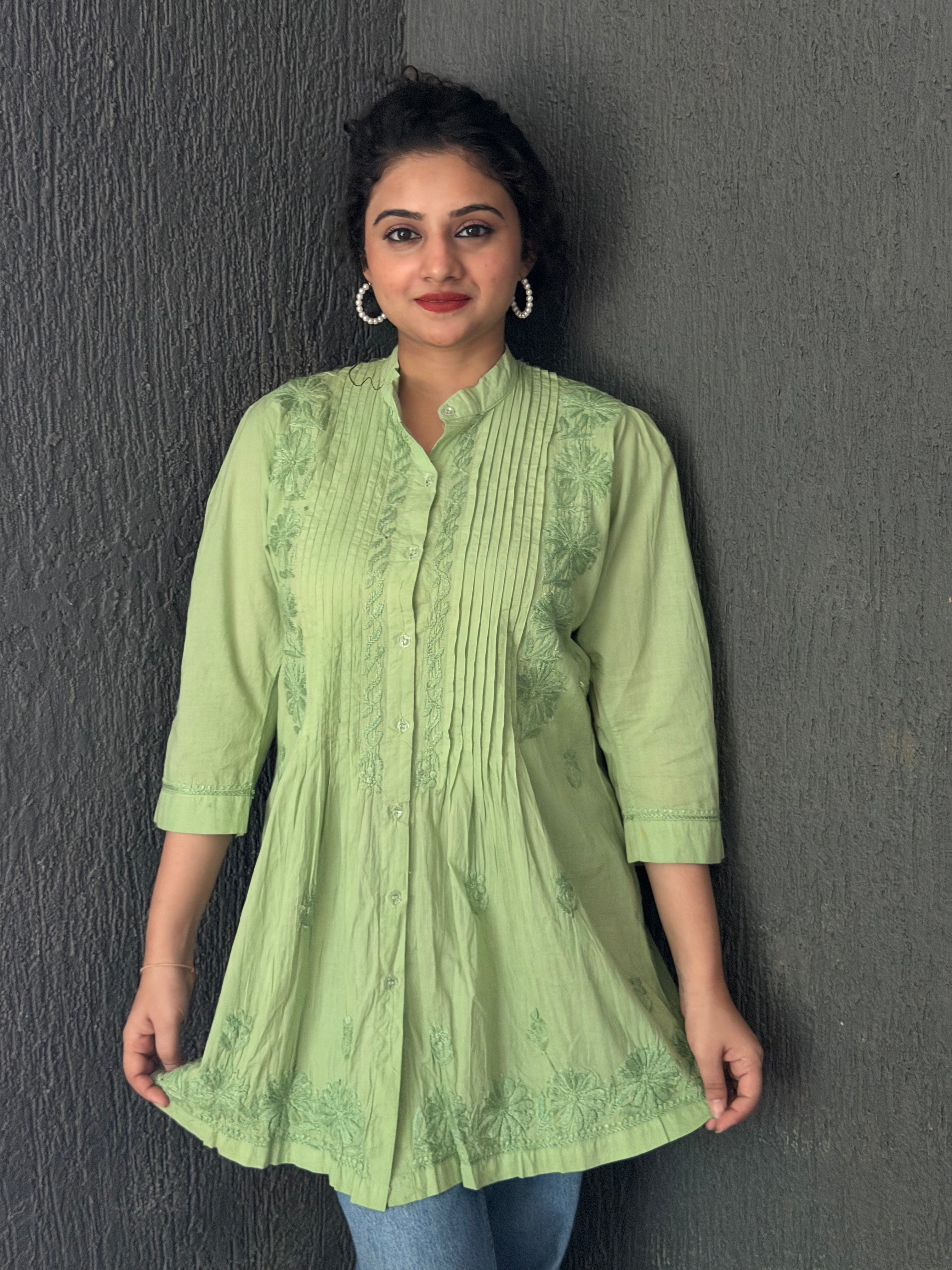 Fresh Green Mul Cotton Chikankari Shirt Kurti