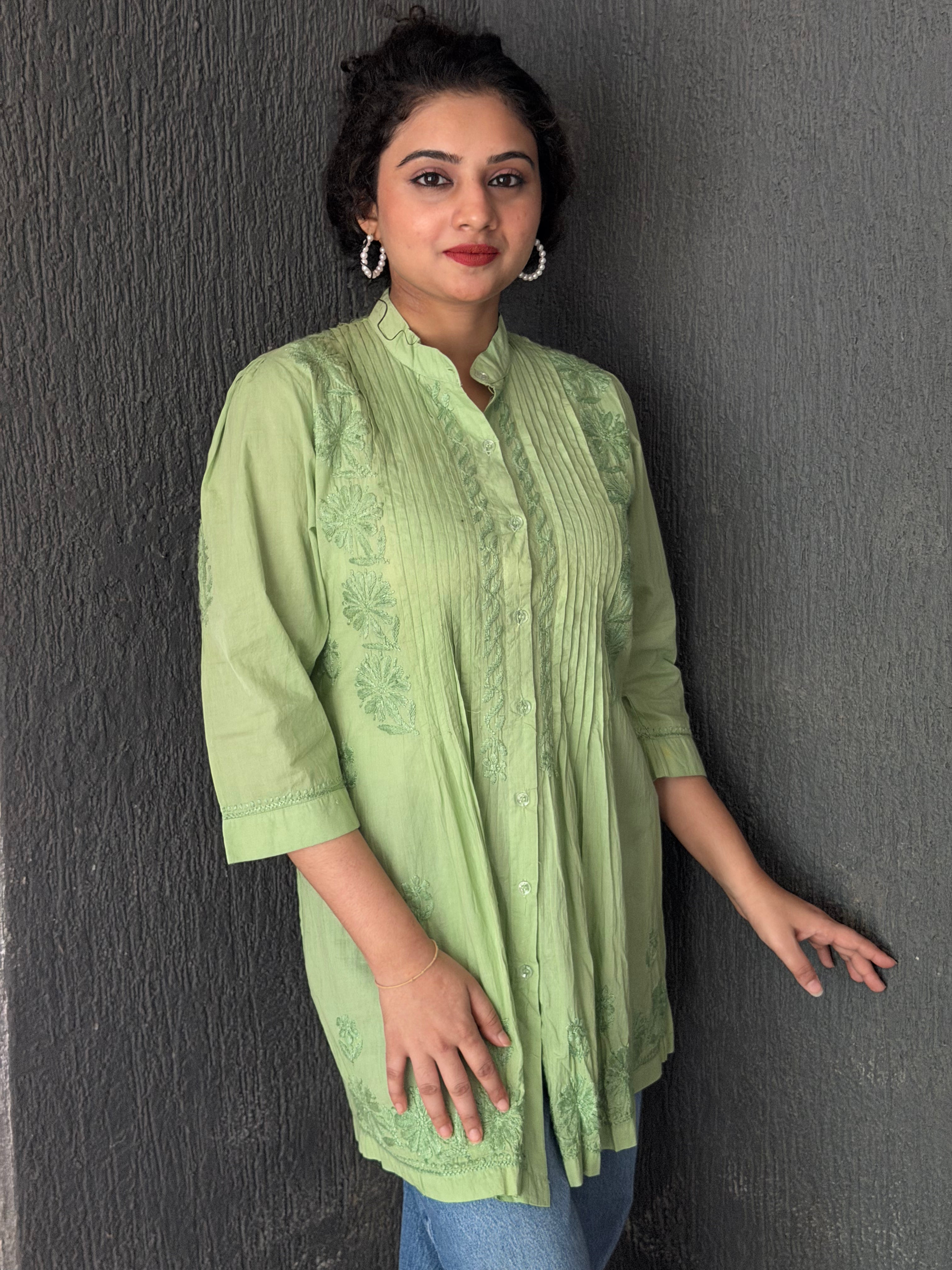 Fresh Green Mul Cotton Chikankari Shirt Kurti