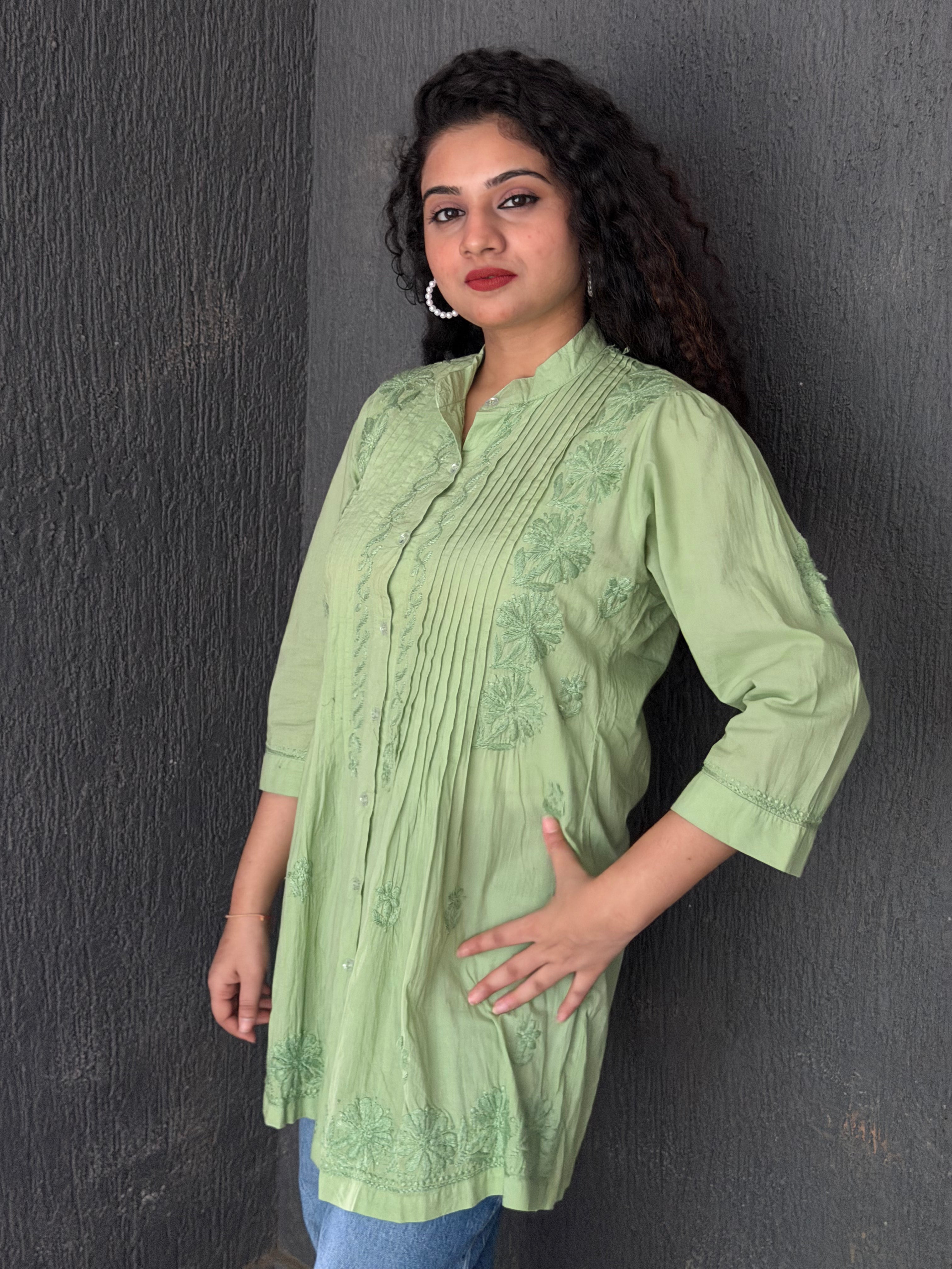Fresh Green Mul Cotton Chikankari Shirt Kurti