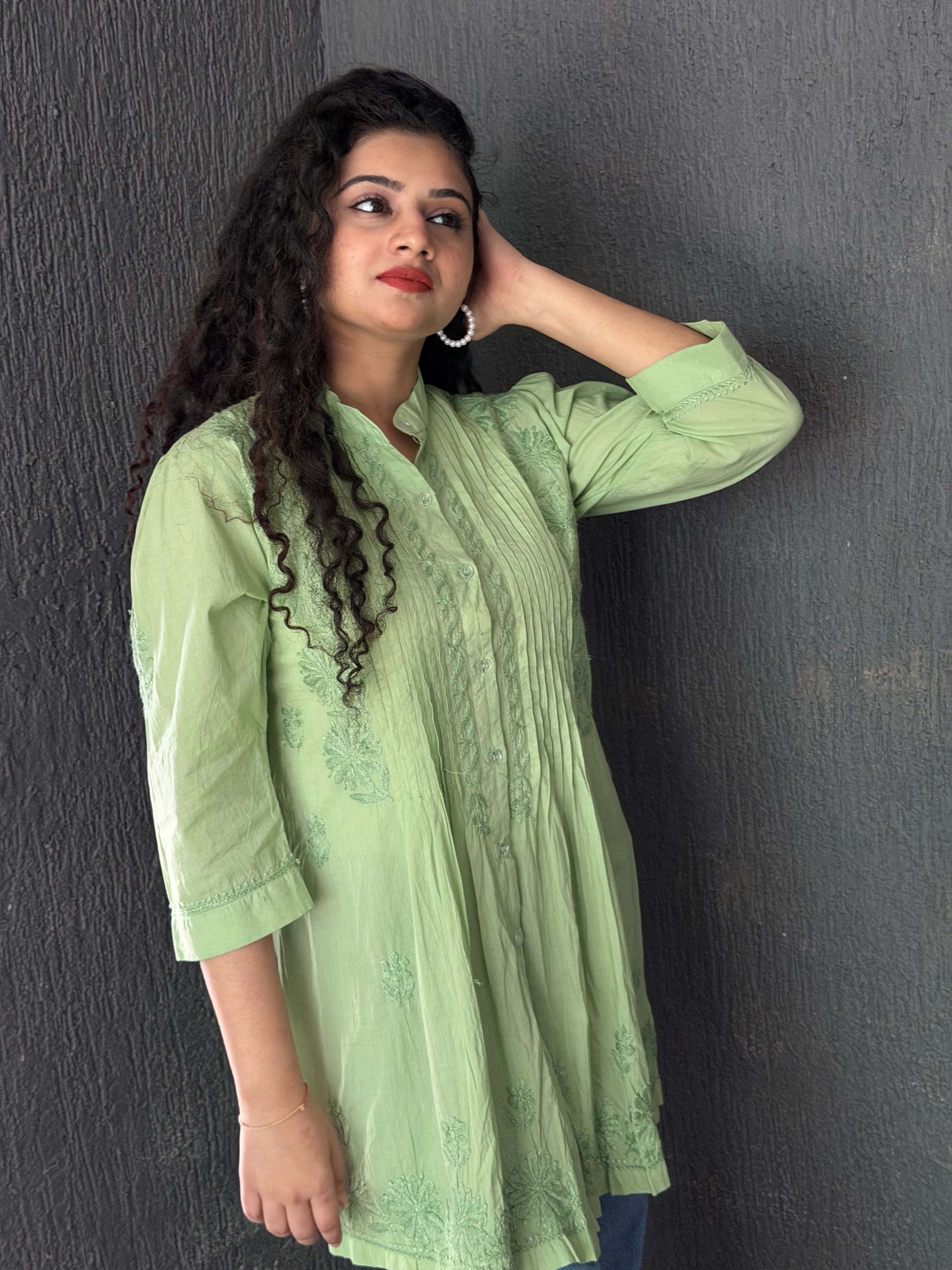 Fresh Green Mul Cotton Chikankari Shirt Kurti