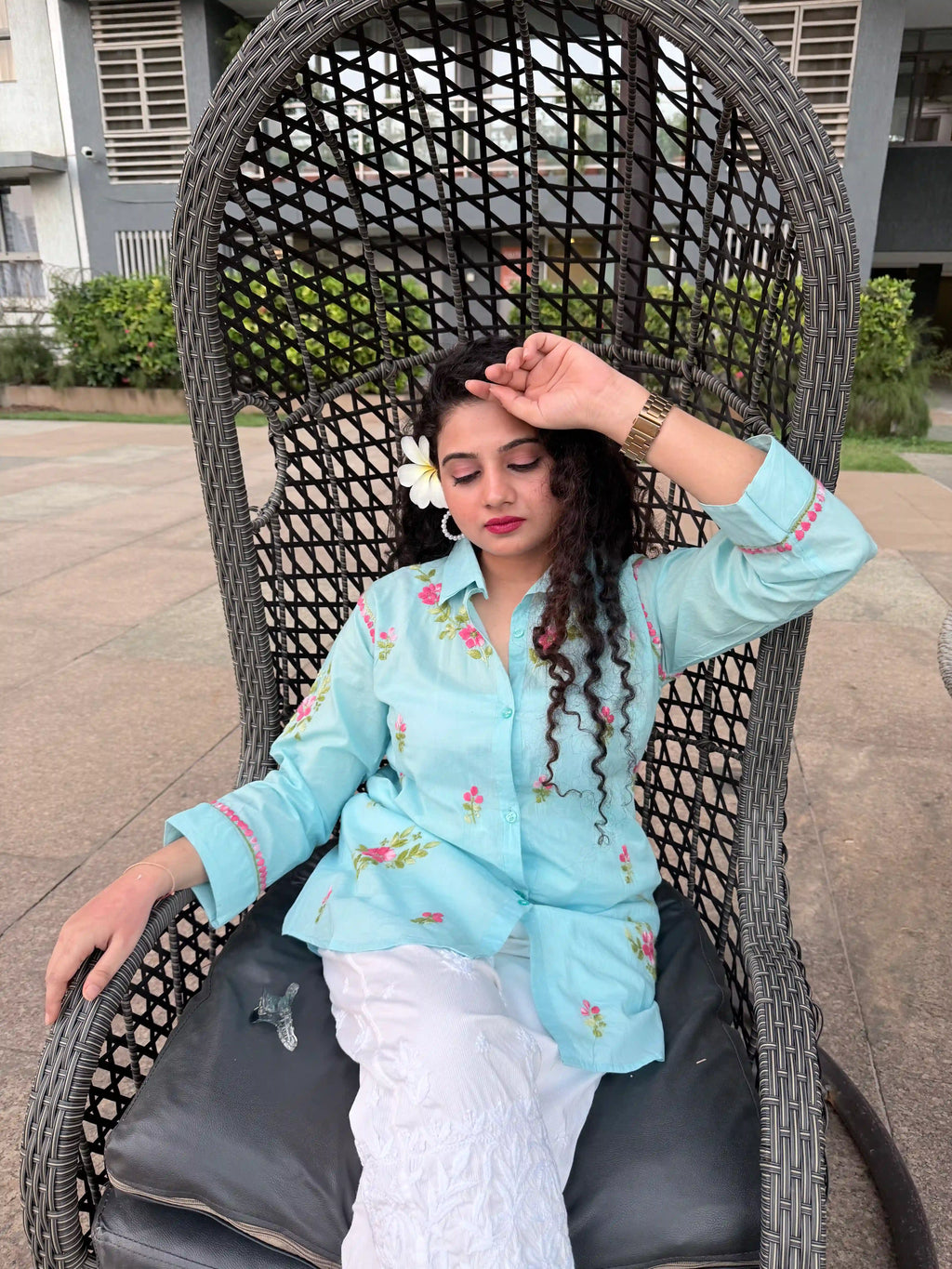 Cotton Chikankari Solid Women's Shirt Tunic with Floral Embroidery - Aqua Blue