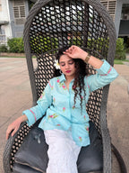 Cotton Chikankari Solid Women's Shirt Tunic with Floral Embroidery - Aqua Blue