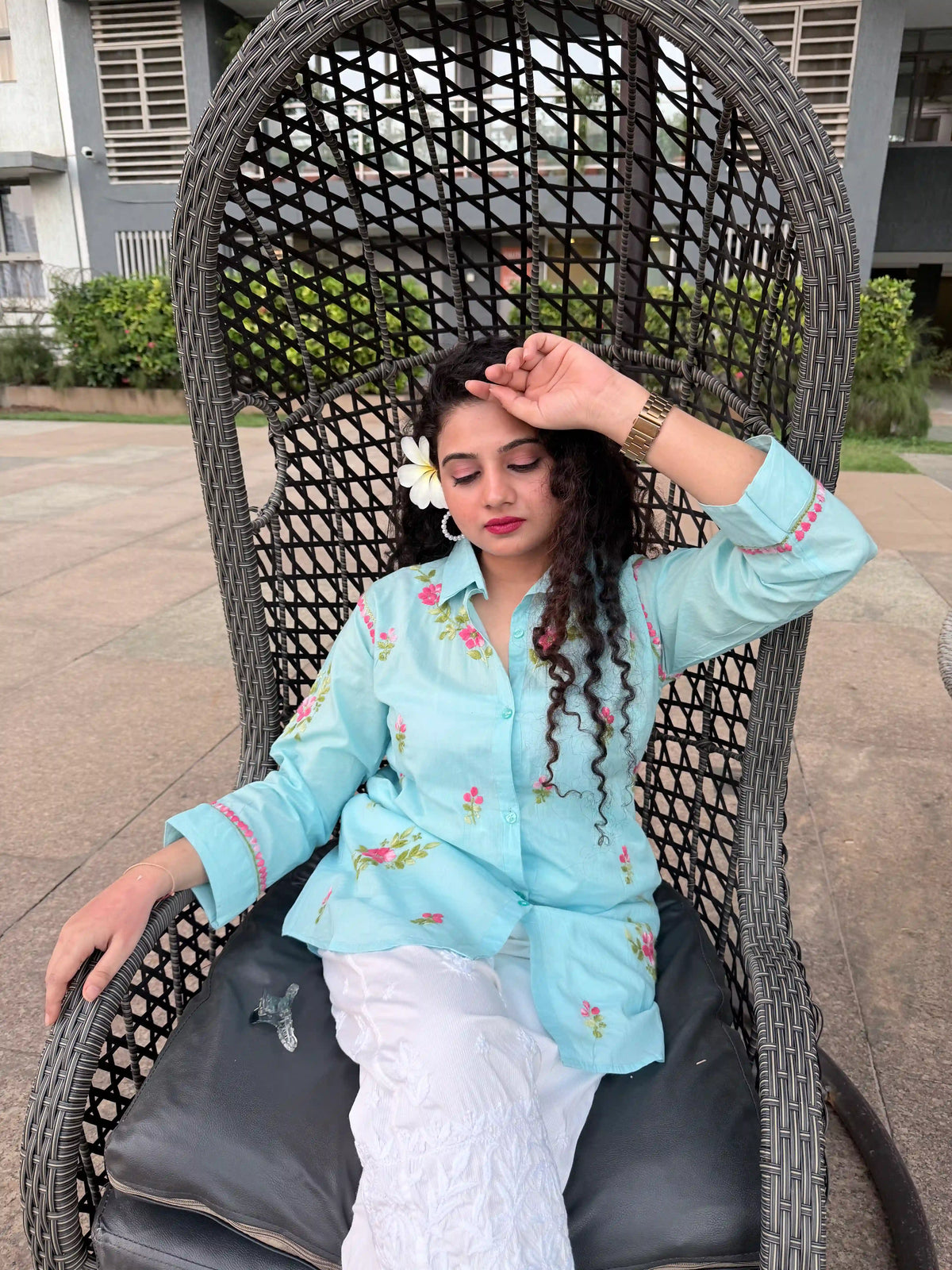 Cotton Chikankari Solid Women's Shirt Tunic with Floral Embroidery - Aqua Blue
