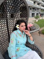 Cotton Chikankari Solid Women's Shirt Tunic with Floral Embroidery - Aqua Blue