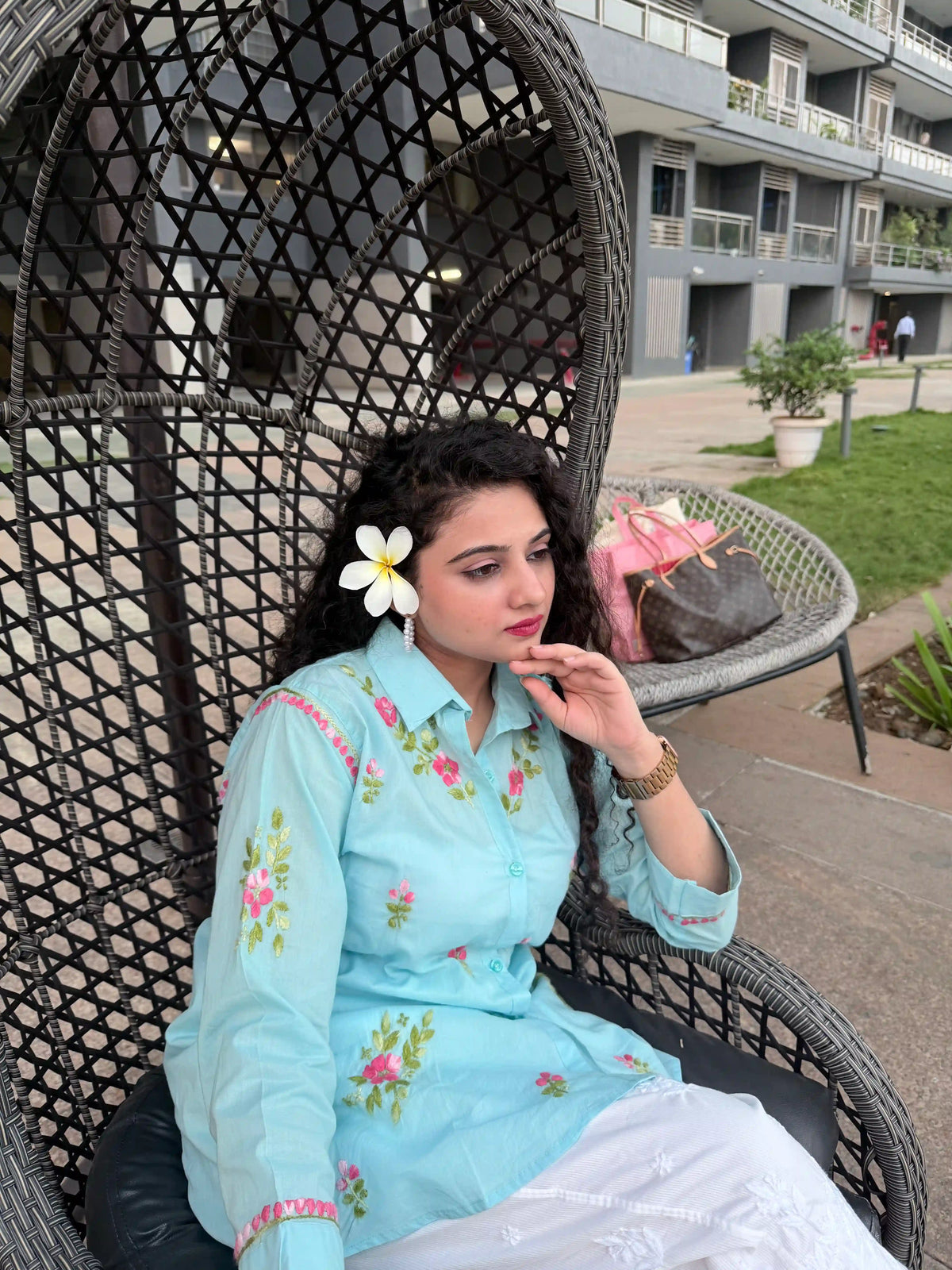 Cotton Chikankari Solid Women's Shirt Tunic with Floral Embroidery - Aqua Blue