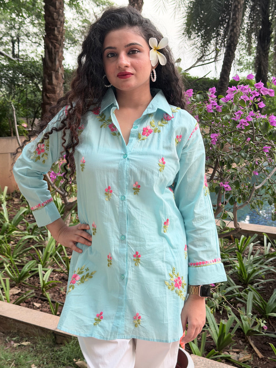 Aqua Blue Floral Chikankari Cotton Shirt Tunic
