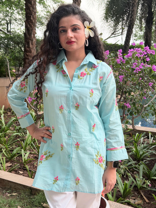 Aqua Blue Floral Chikankari Cotton Shirt Tunic