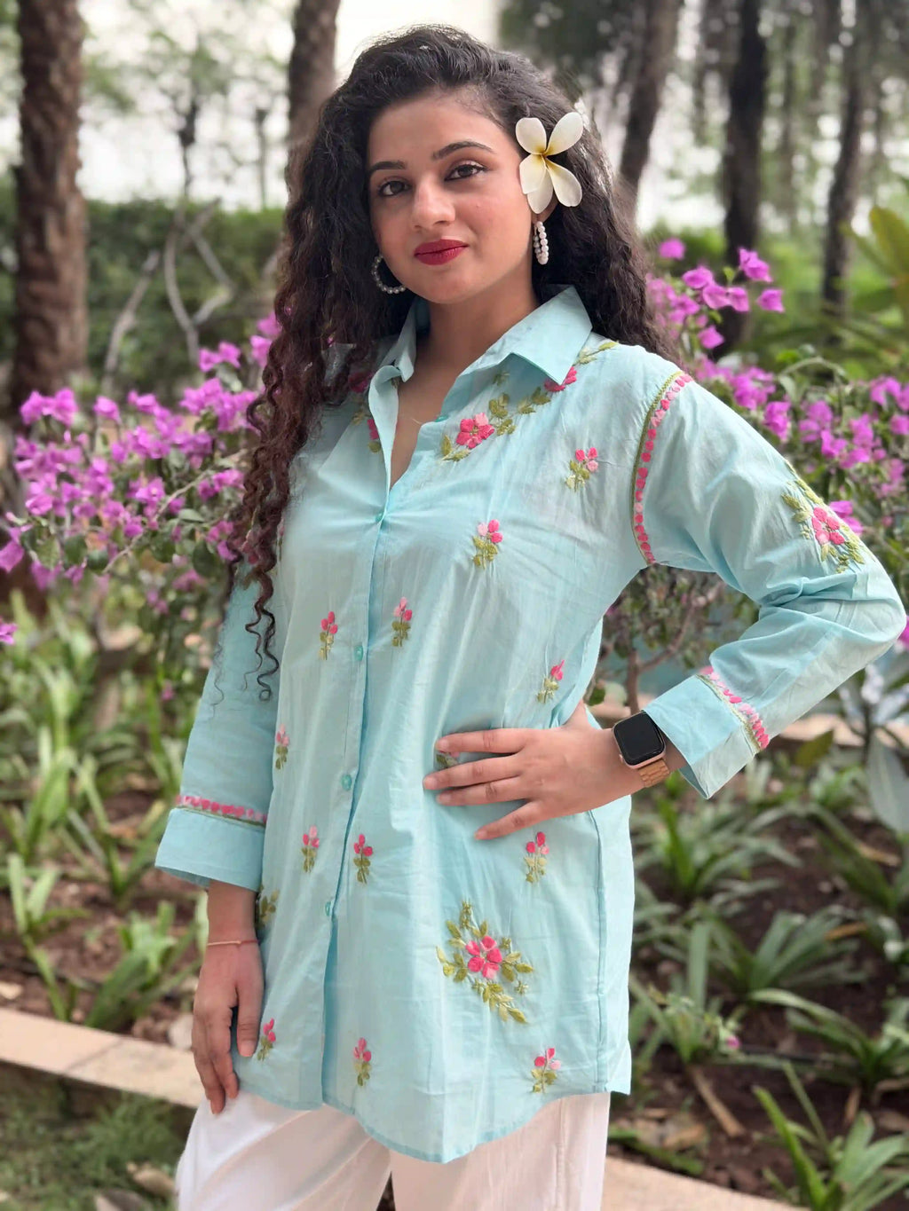 Cotton Chikankari Solid Women's Shirt Tunic with Floral Embroidery - Aqua Blue