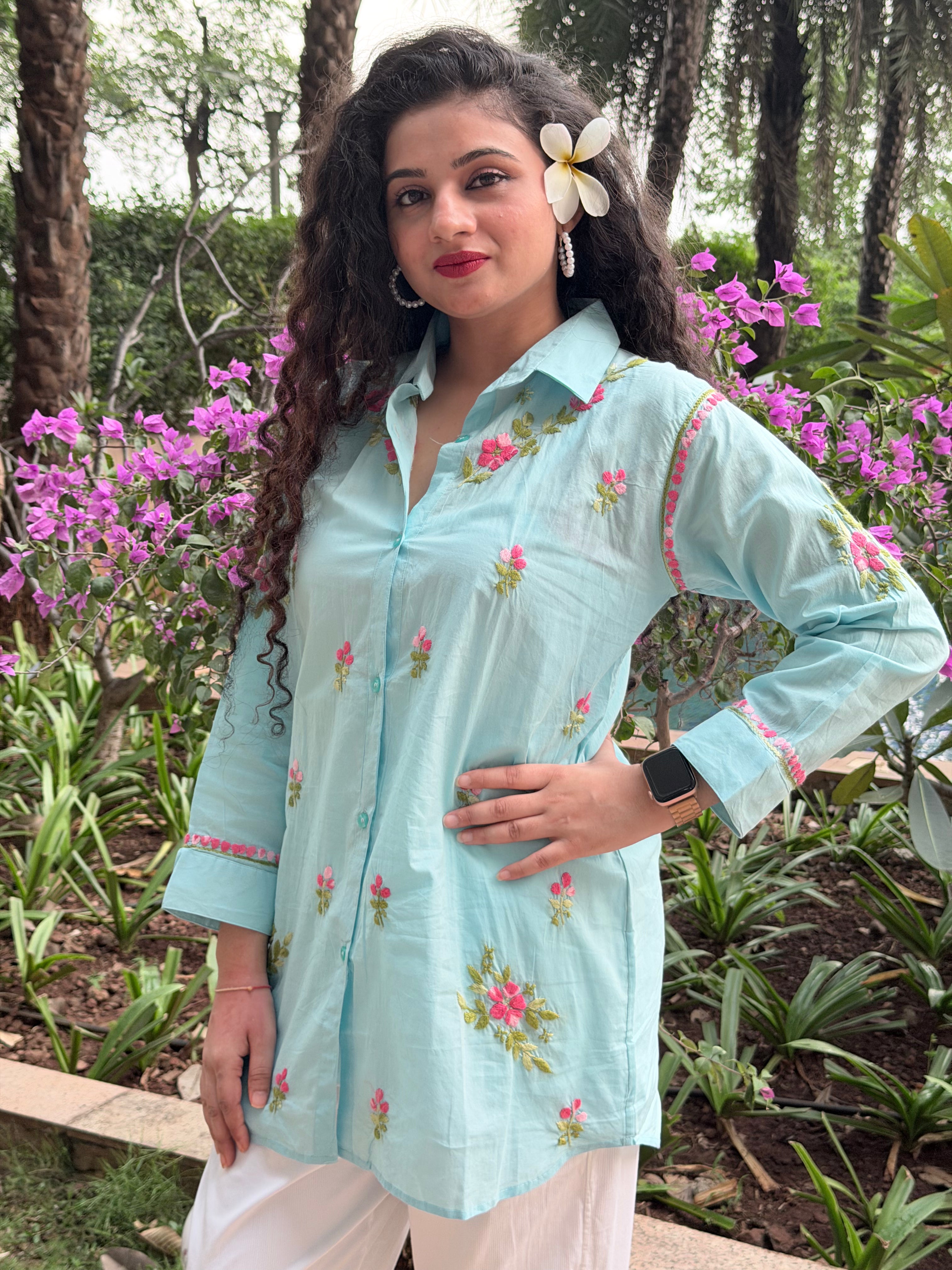 Aqua Blue Floral Chikankari Cotton Shirt Tunic