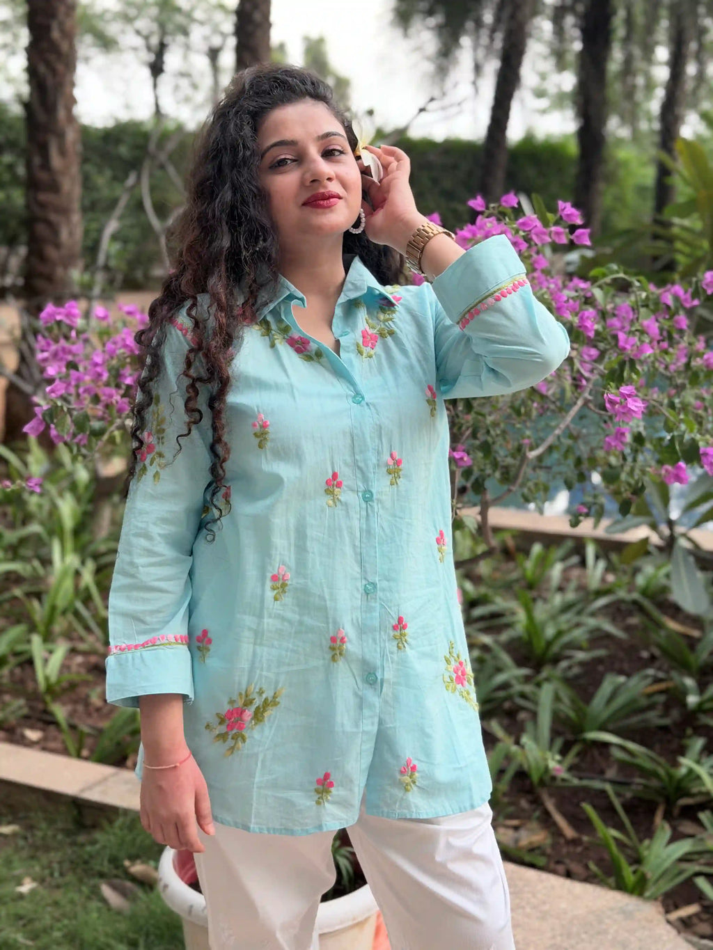 Cotton Chikankari Solid Women's Shirt Tunic with Floral Embroidery - Aqua Blue